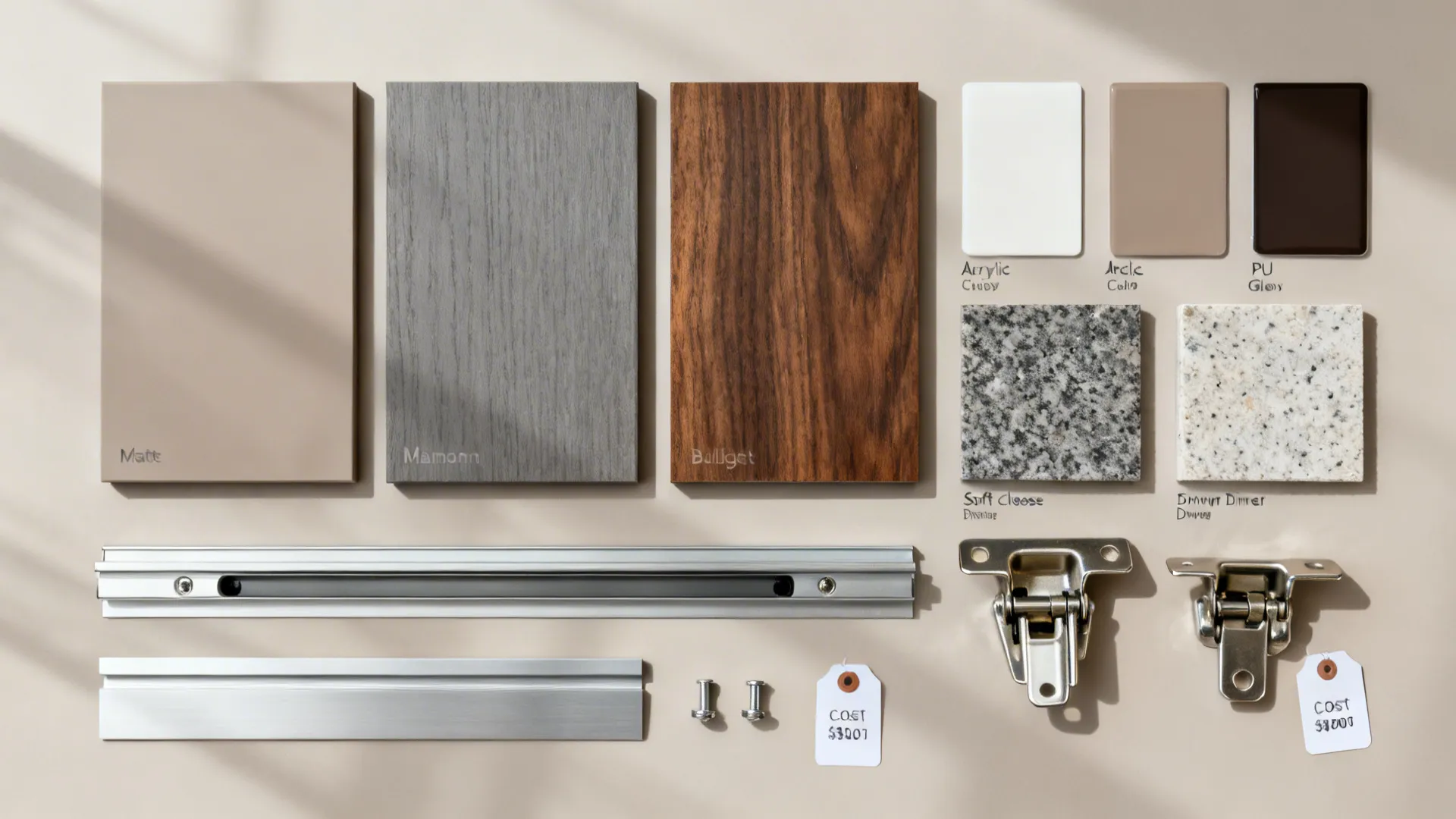 Flat lay of laminate, wood-look, acrylic swatches with quartz and granite chips plus hinge and runner samples.