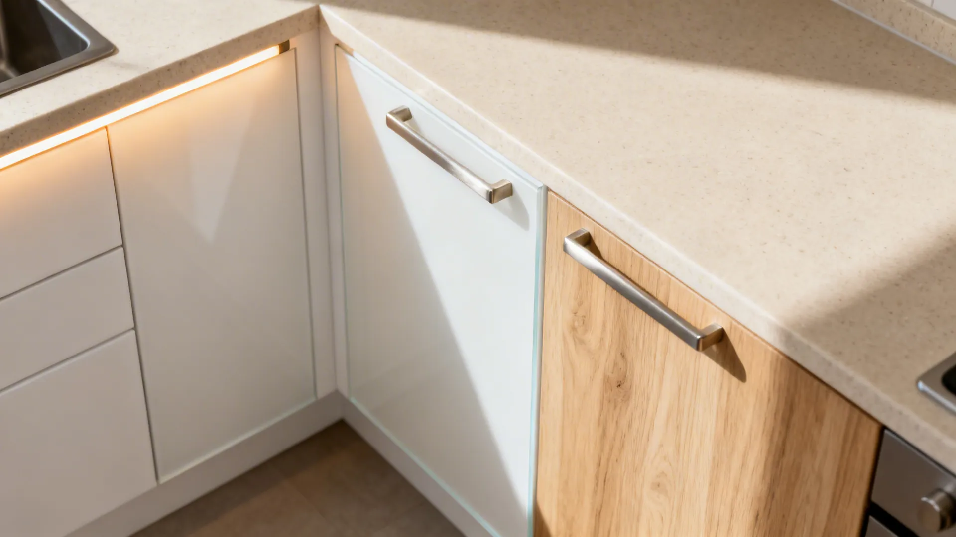 Top-down material palette with satin glass, matte cabinet finish, light oak, and quartz in warm neutrals.