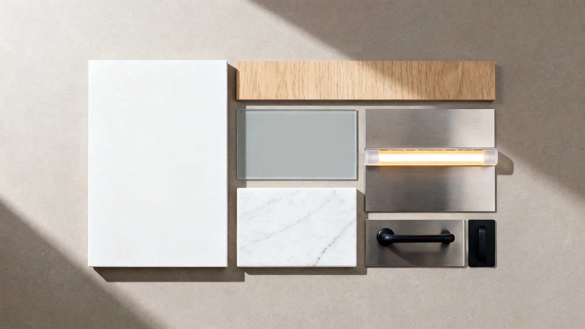 Flat lay of matte white, oak veneer, gray glass, white quartz, stainless, and warm LED strip with diffuser.