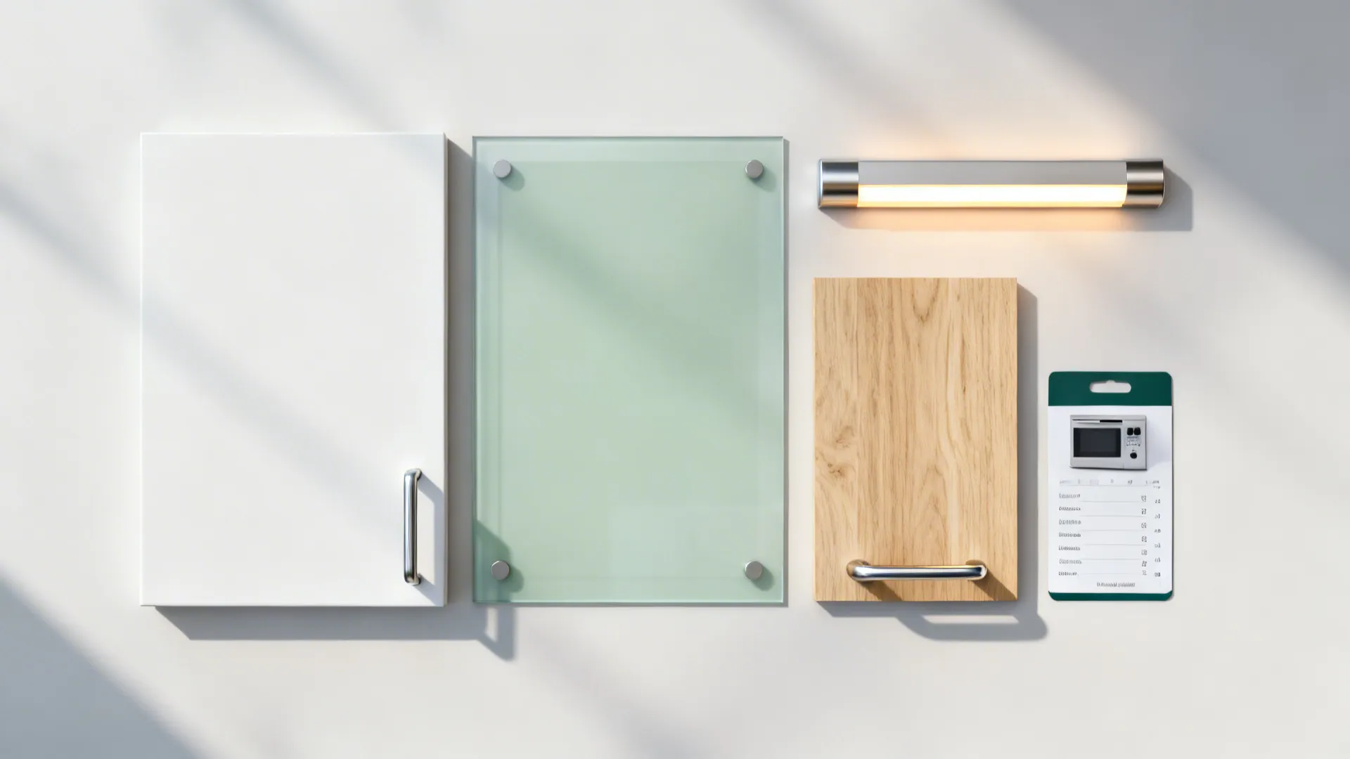 Flat lay of matte white, pale sage glass, light oak, stainless hardware, and warm LED diffuser.
