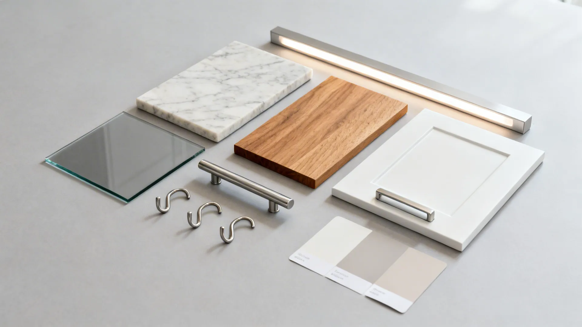 Flat lay of glass backsplash, quartz, oak veneer, cabinet front, and slim hardware for a small kitchen.
