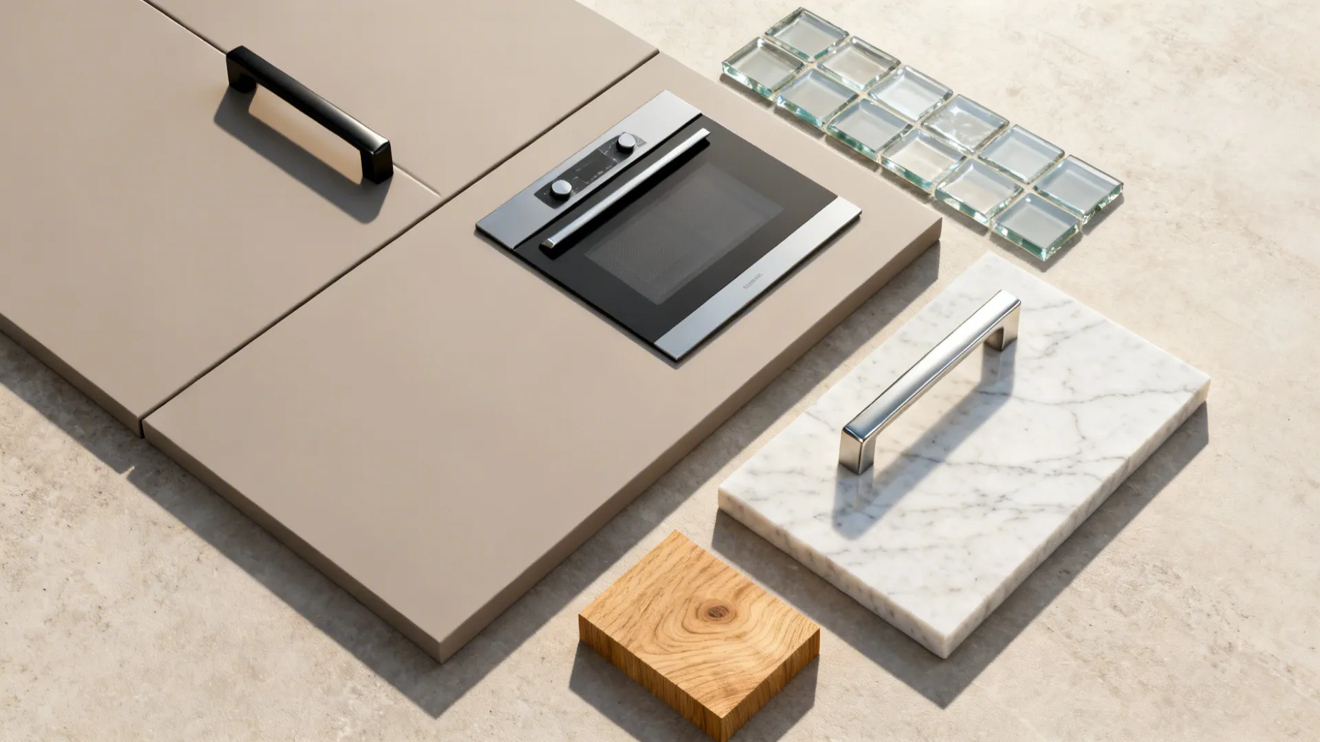 Top-down flat lay of matte cabinet panel, matching handle, low-iron glass chip, quartz swatch, and rift-cut oak sample.