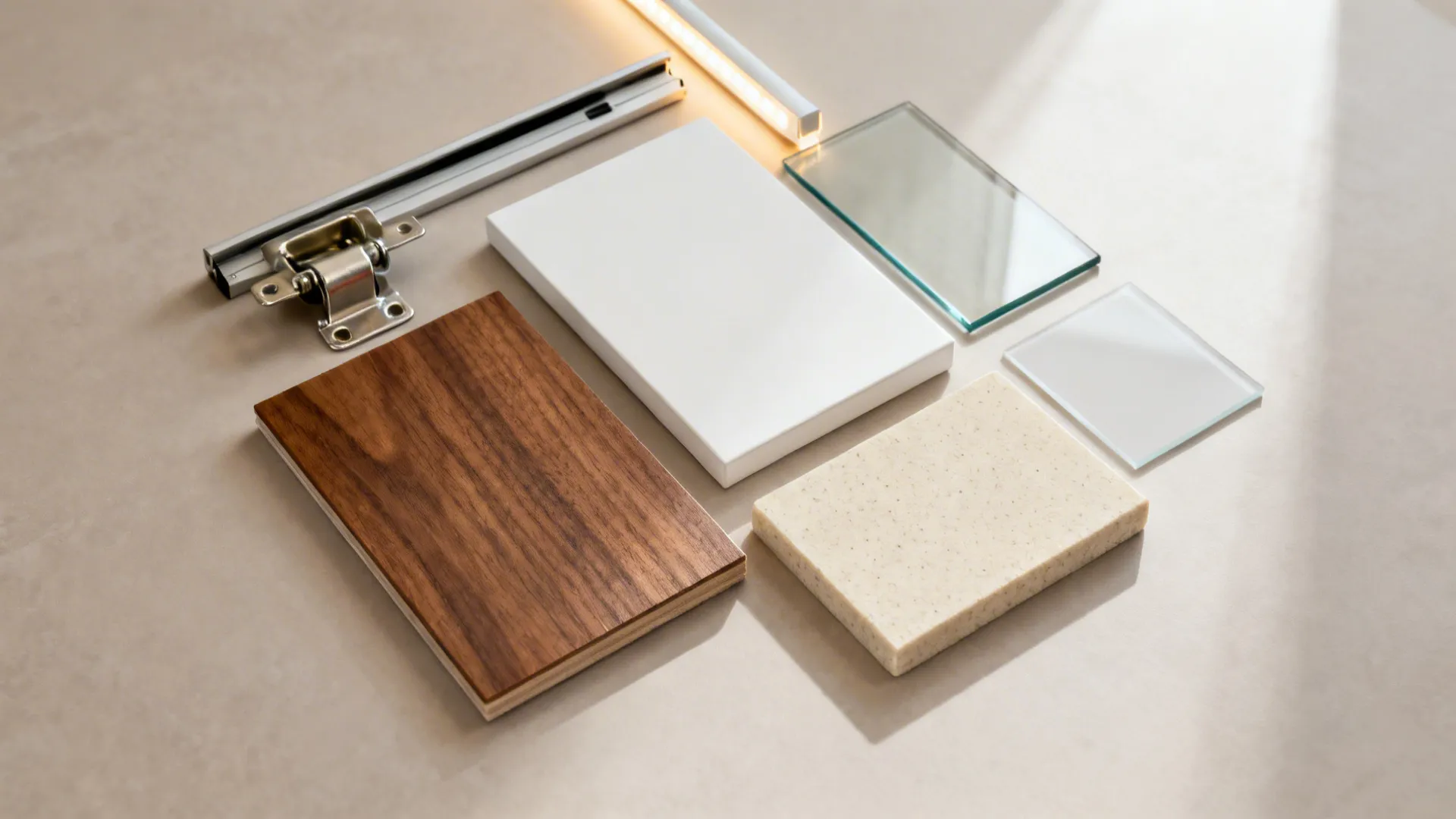 Flat lay of walnut laminate, white lacquer, quartz, glass swatch, and hardware for a small kitchen.