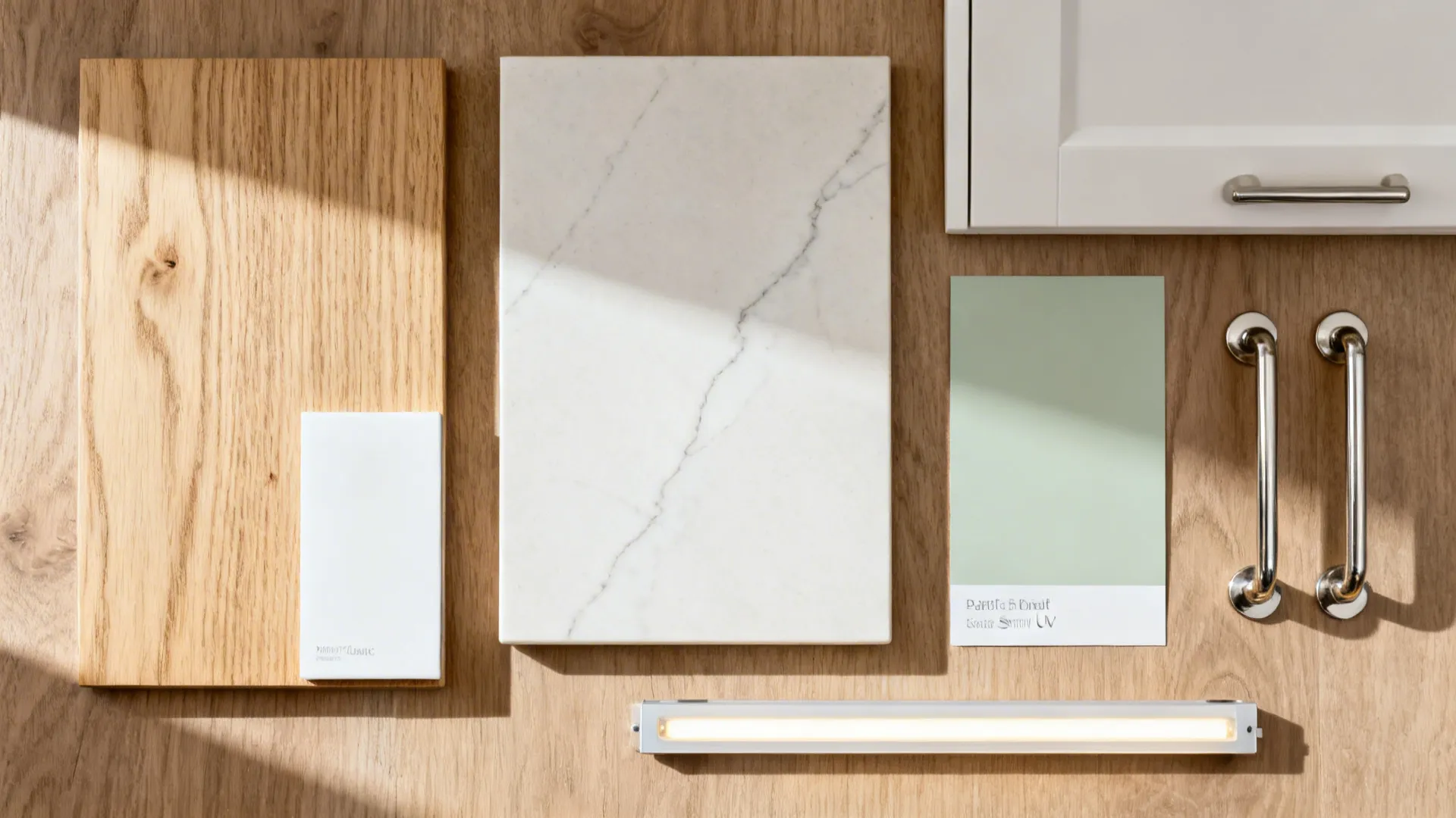 Flatlay of rift oak, light porcelain, matte white lacquer, sage paint, and brushed nickel hardware.