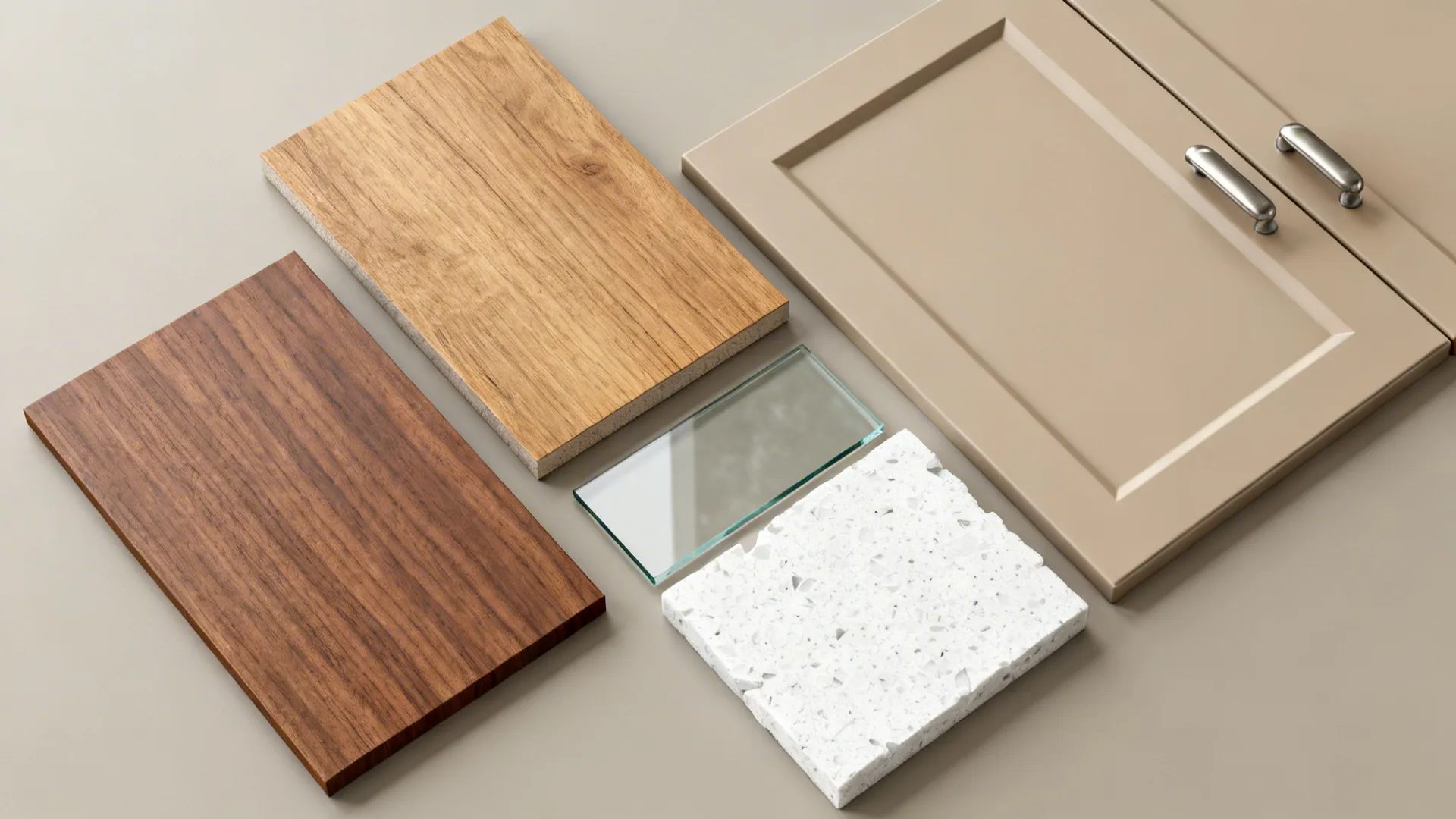 Flatlay of walnut and oak samples with matte beige front, glass swatch, quartz, and nickel hardware.