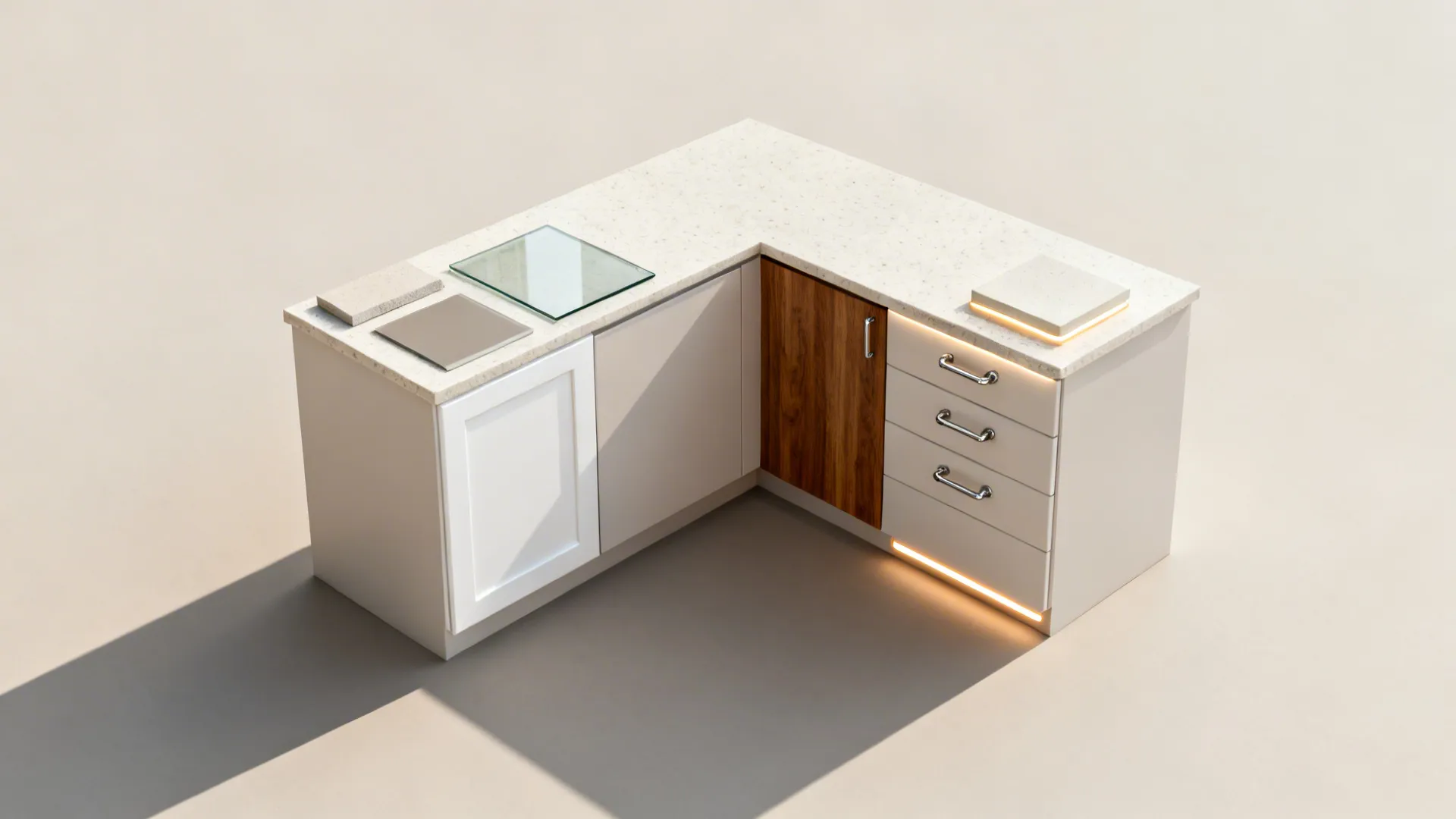 Flat lay of pale quartz, low-iron glass, matte white cabinet, walnut veneer, and brushed hardware.