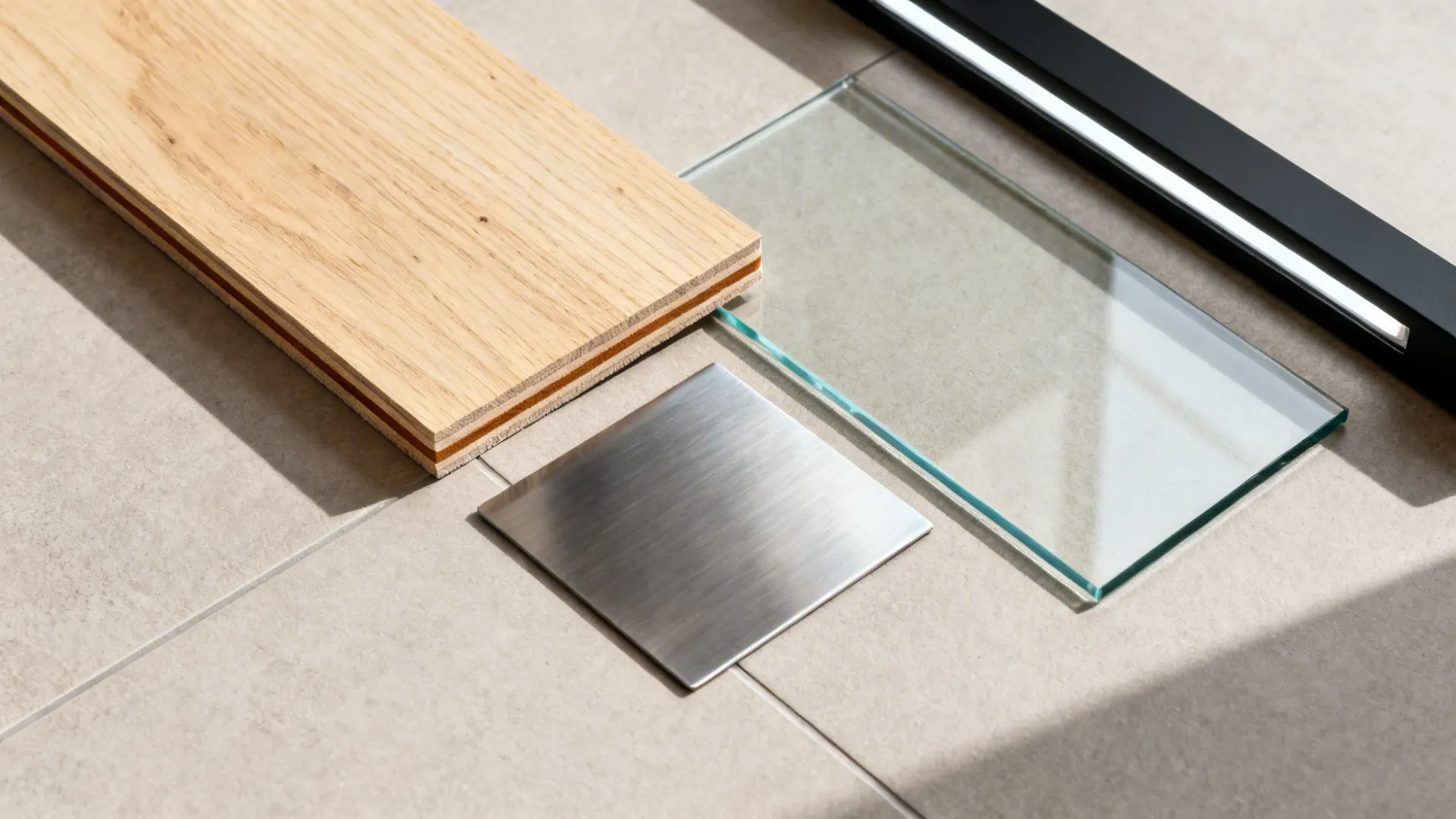 Flat lay showing sealed birch veneer, brushed stainless, low-iron glass, and neutral floor tile.