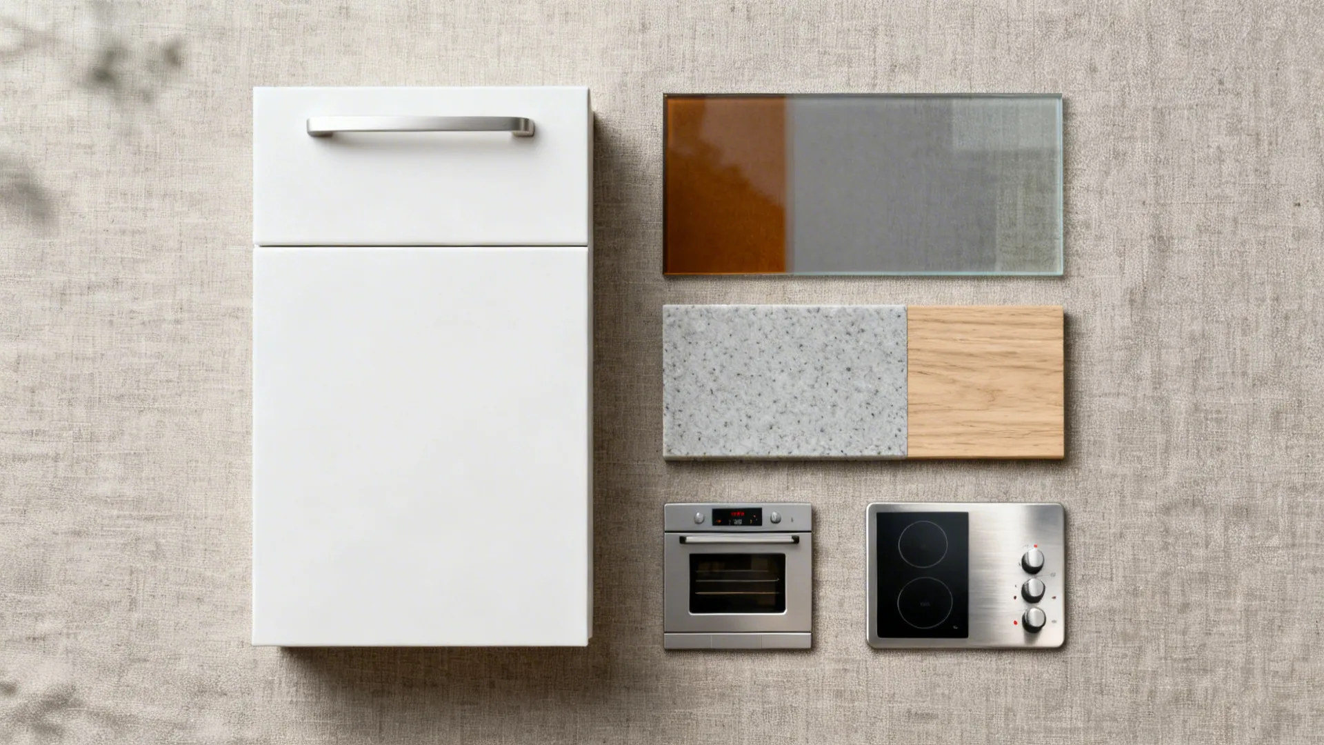 Flat lay of matte white cabinet, warm gray glass, light gray quartz, oak veneer, and stainless accents.