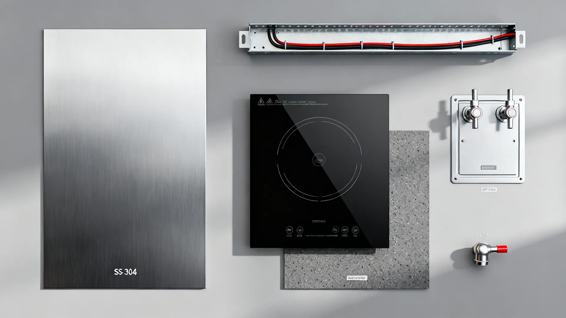 Flat lay of SS-304, induction glass, access panel, cable tray, valves, epoxy swatch, and nozzle.
