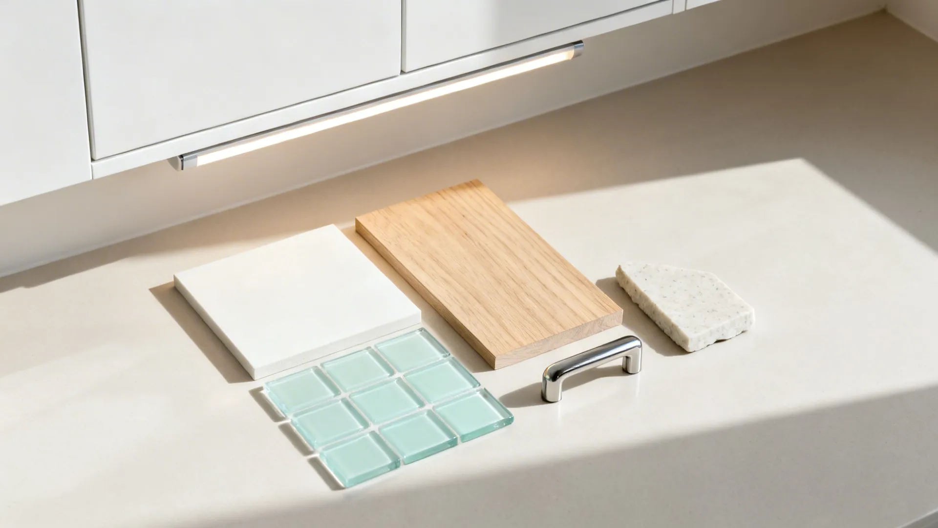 Flat lay with matte white, light oak, pale mint glass, light quartz, and brushed nickel hardware.
