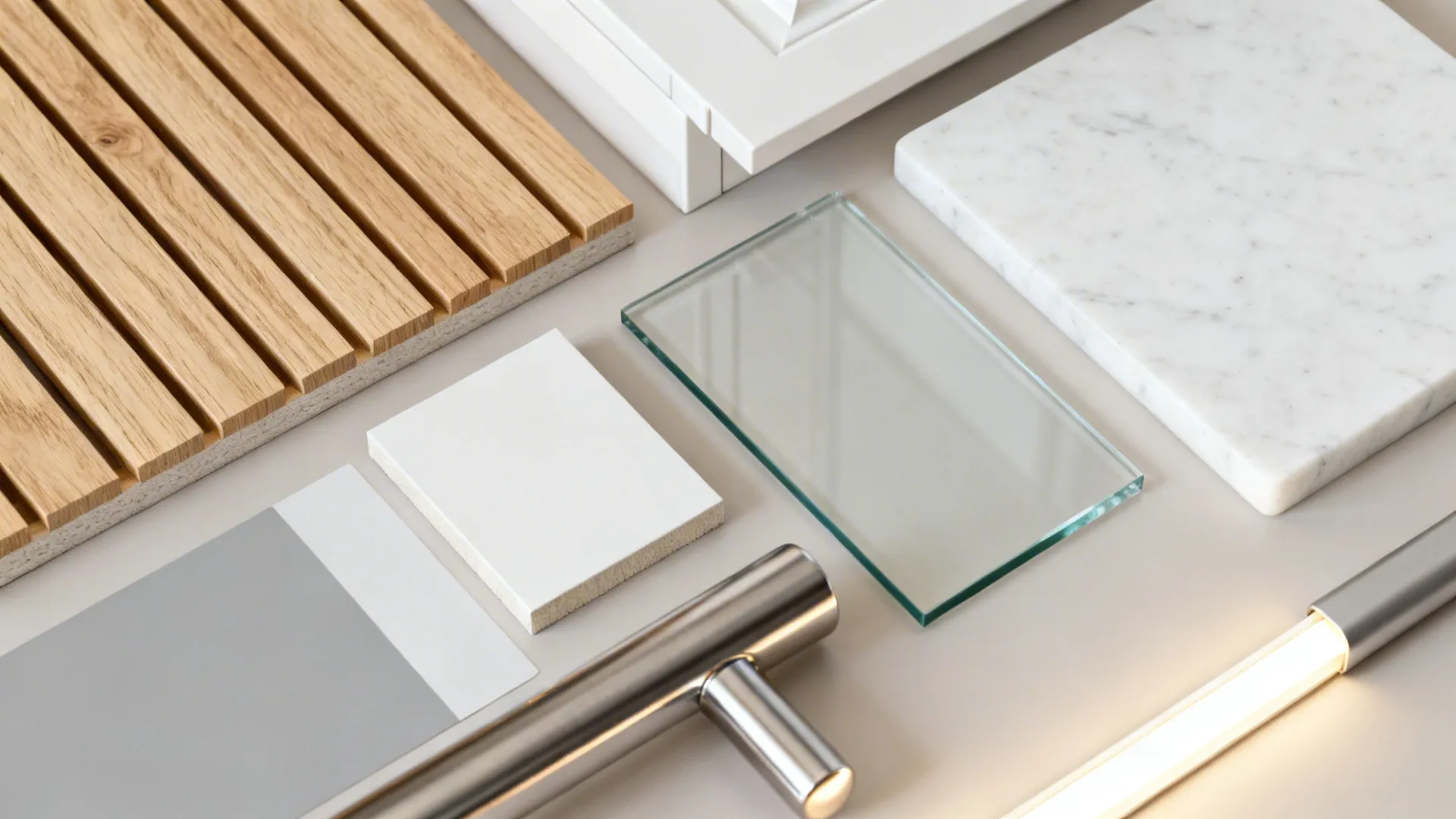 Flat lay of light oak, matte white cabinet chip, low-iron glass, white quartz, and brushed hardware.