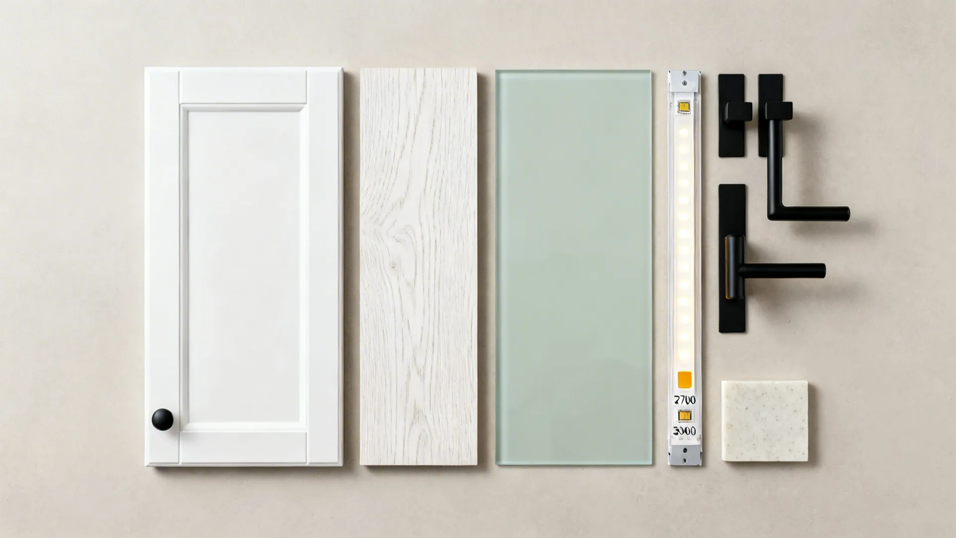 Selection of kitchen materials including white cabinet door wood plank glass panel and black handles