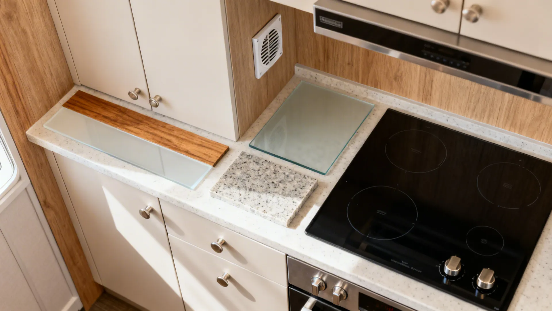 Flat lay of cabinet, wood, glass, quartz, and induction surface samples.