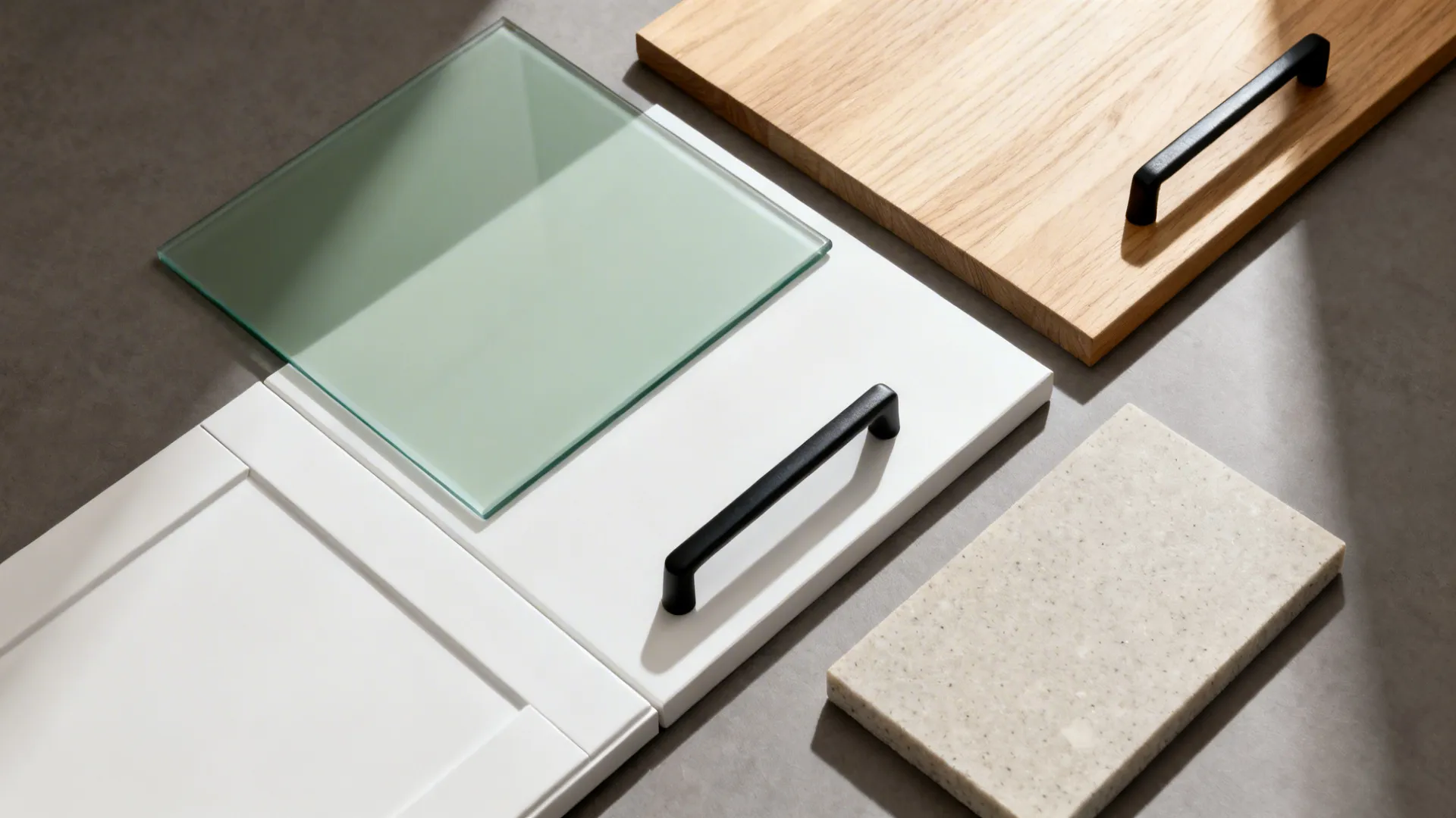Flat lay of back-painted glass, matte cabinet panel, oak veneer, hardware, and quartz sample.