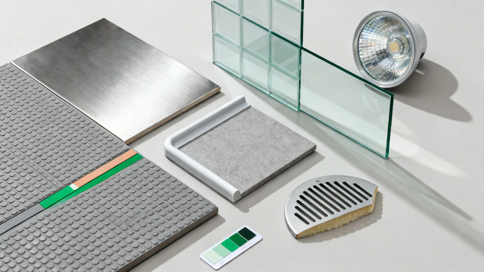 Flat lay of stainless, anti-slip flooring, coved base, glass backsplash, heat-lamp lens, and baffle filter samples.