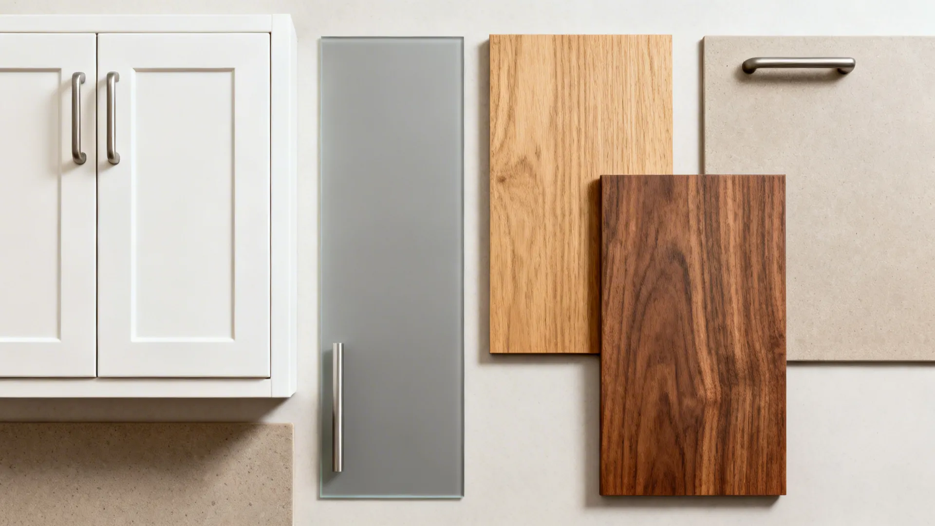 Flatlay of kitchen materials: matte white, soft gray glass, oak and walnut samples, and brushed hardware.
