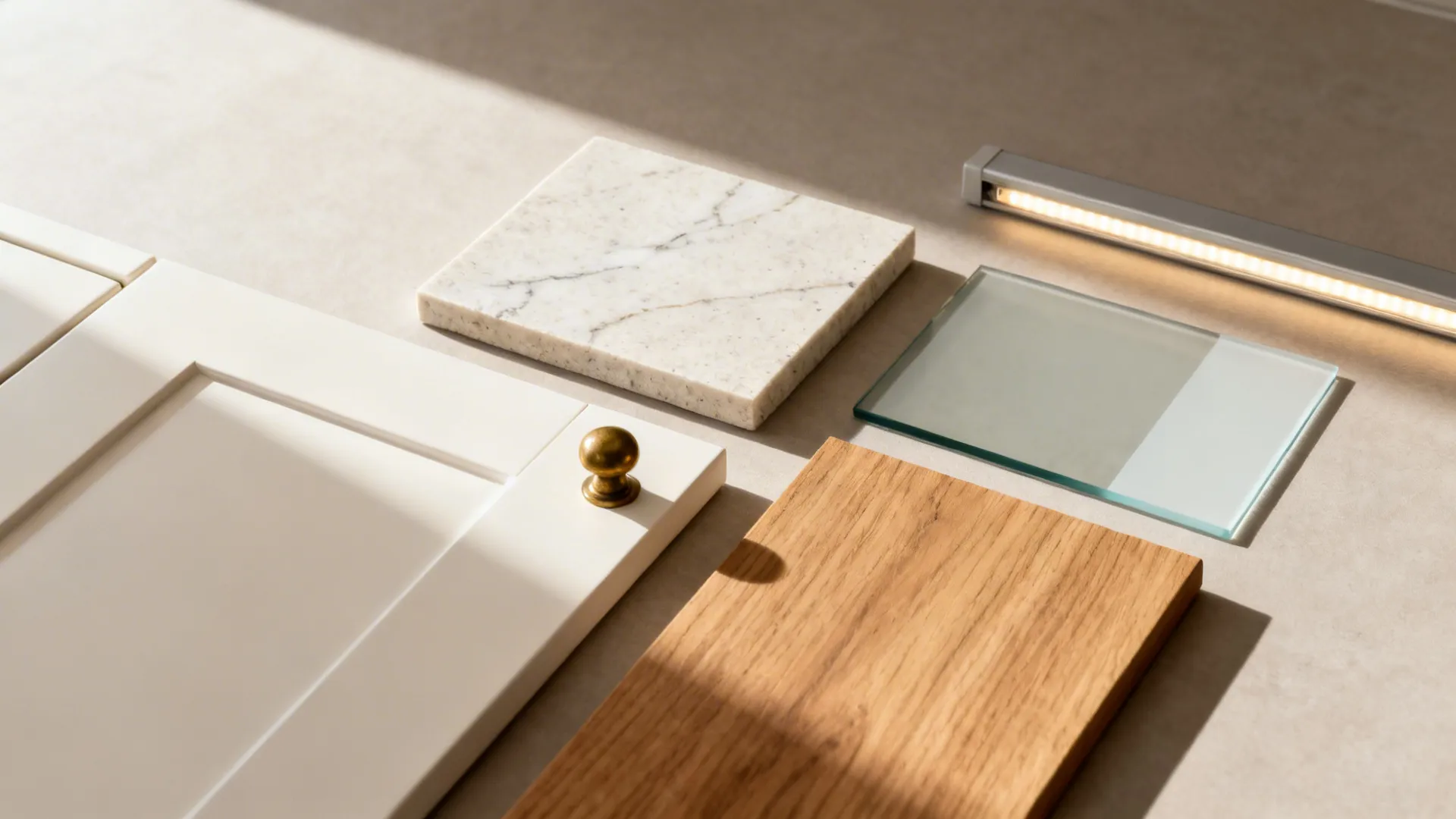 Kitchen material samples featuring white cabinet door marble tile wood plank glass and light fixture
