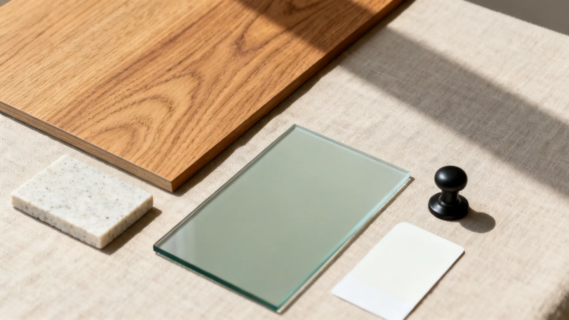 Flatlay of oak veneer, light quartz, grey-green glass, matte black hardware, and warm white paint chip.