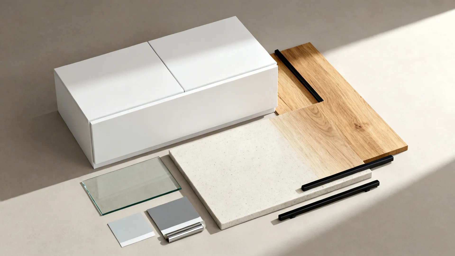 Flat lay of matte white cabinet, clear glass, oak veneer, light quartz, and slim black hardware.