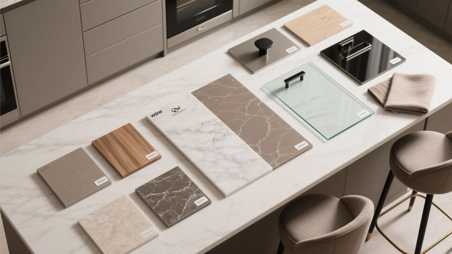 1) Minimal luxe kitchen storage with stone-texture accents