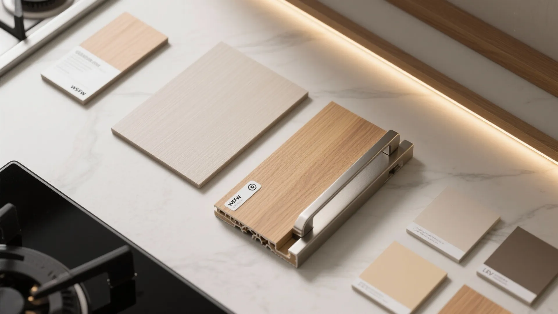 Kitchen material samples showing wood panels and color cards on white marble countertop near stove
