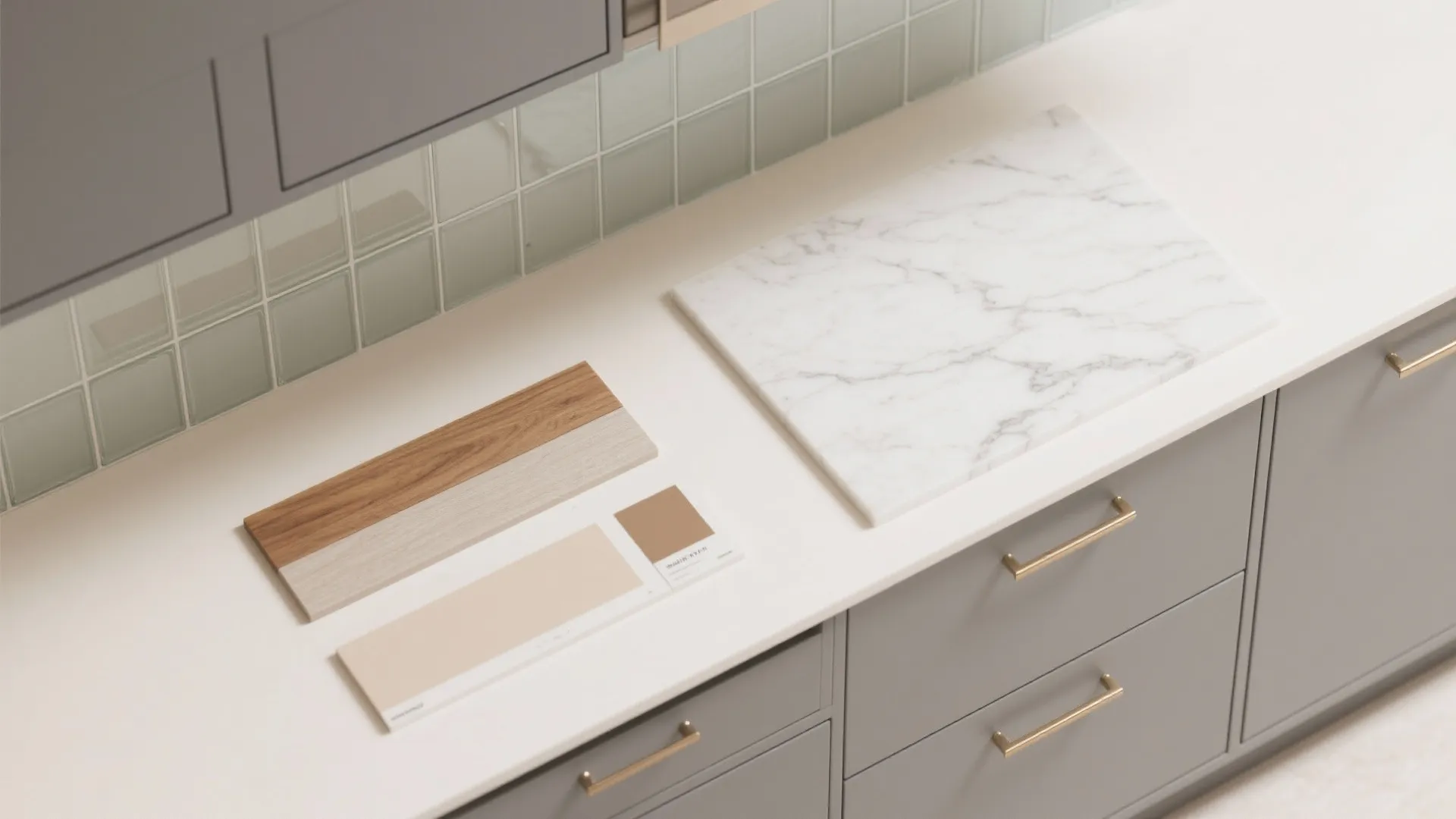 Kitchen counter showing marble board, wood samples, and color cards next to grey storage cabinets