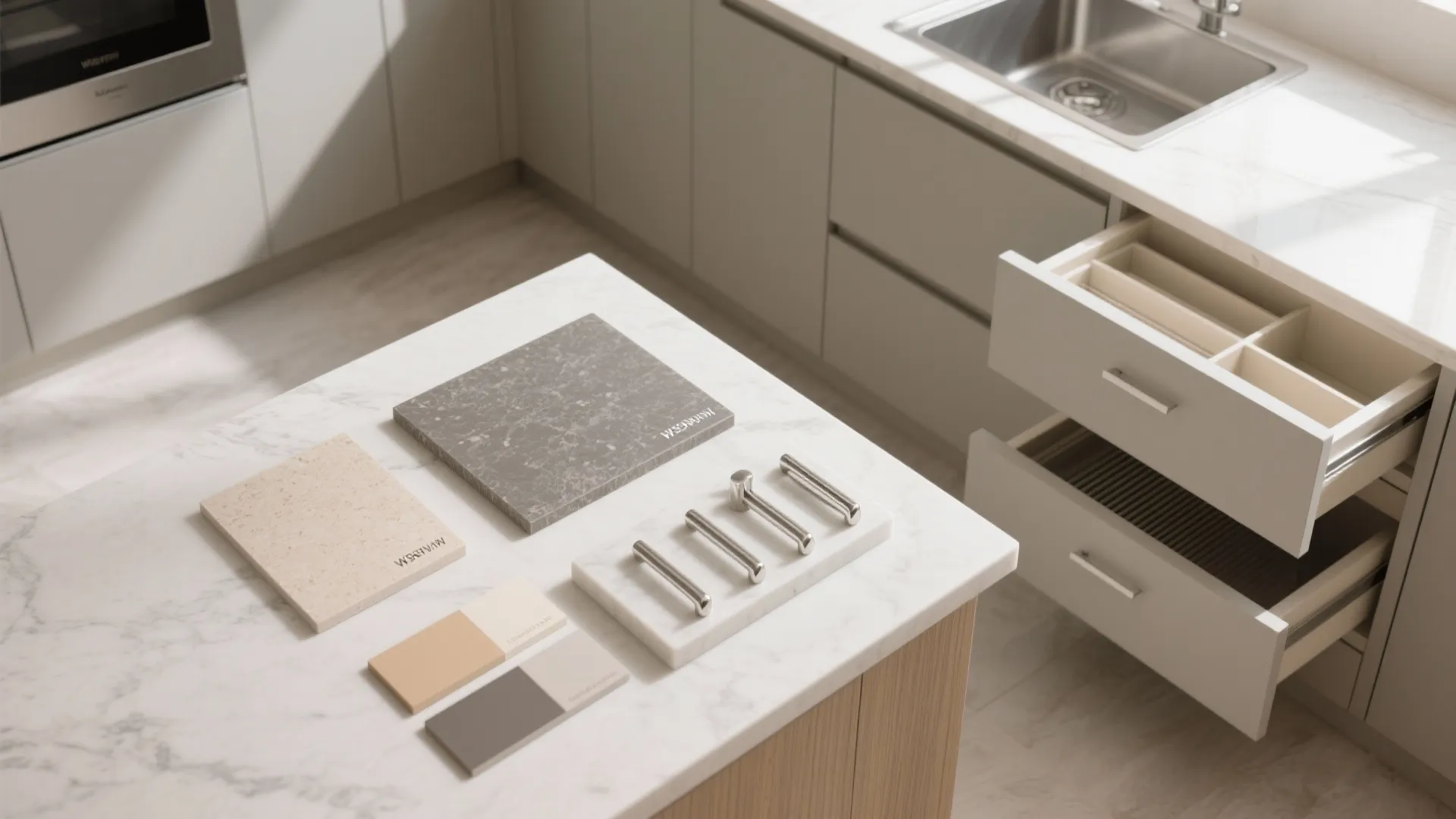 Top-down flatlay of matte laminate, acrylic, quartz, and organizer hardware for a minimalist Indian kitchen.