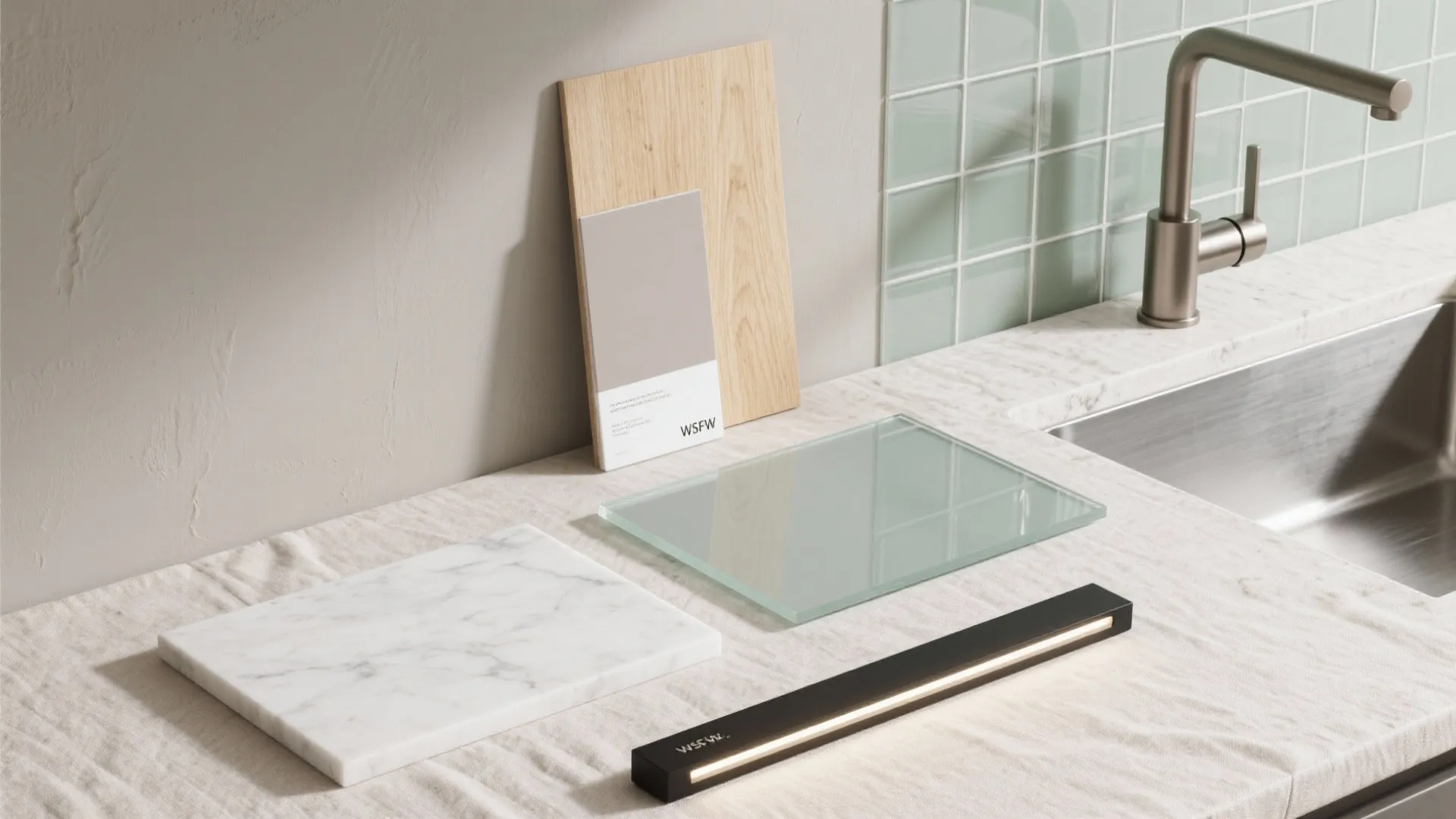 Kitchen material samples including marble wood glass and light fixture on a white fabric surface