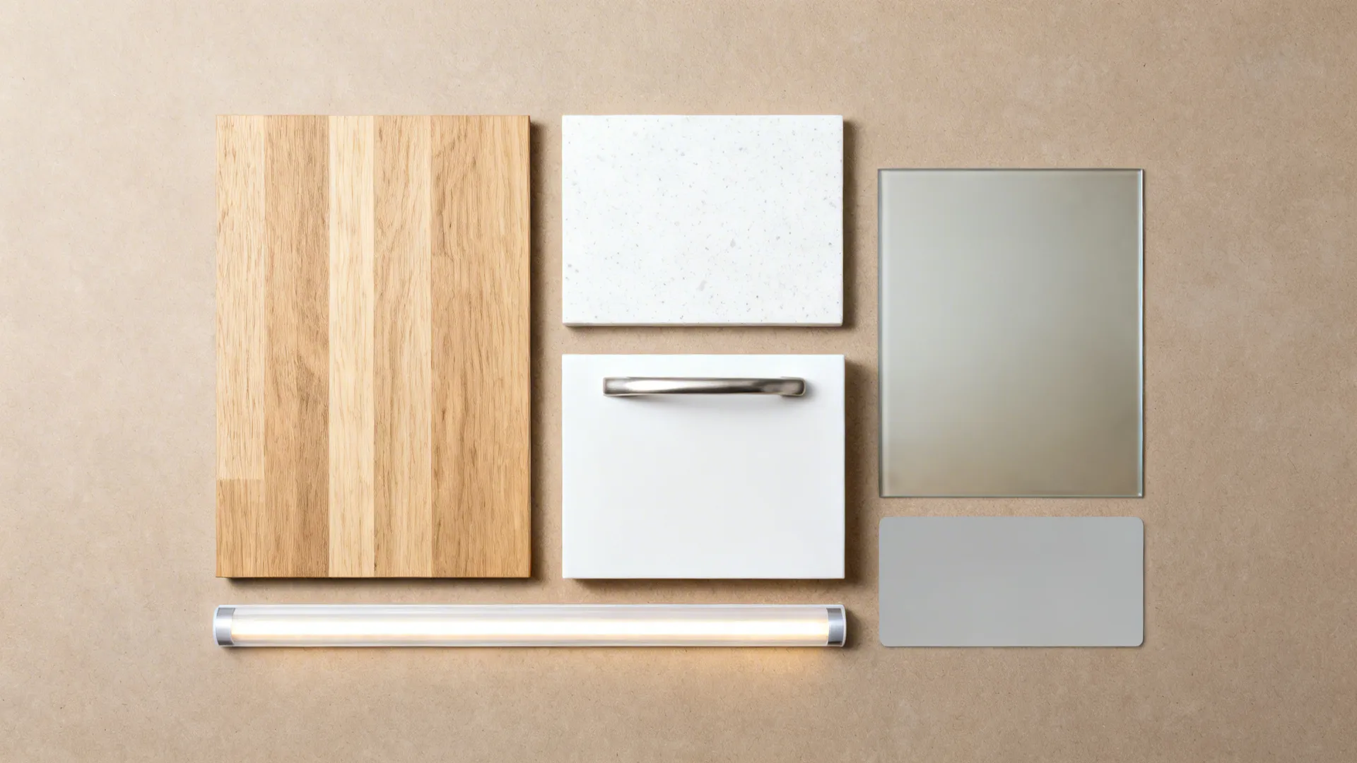 Material flat lay with oak-look laminate, matte white front, quartz, satin glass, and brushed metal.