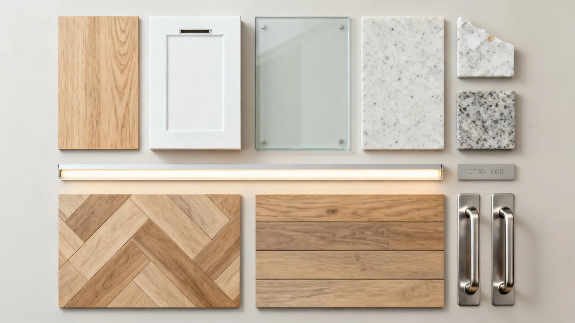 Flat lay of oak veneer, white cabinet swatch, low-iron glass, quartz, LED strip, and flooring samples.