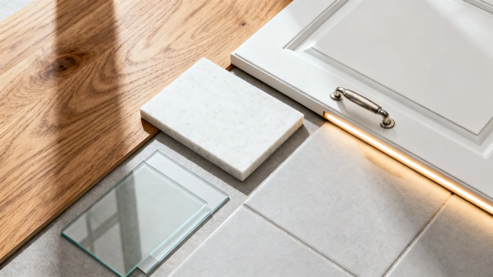 Flat lay of oak, white quartz, clear glass, matte white cabinet, and brushed hardware.