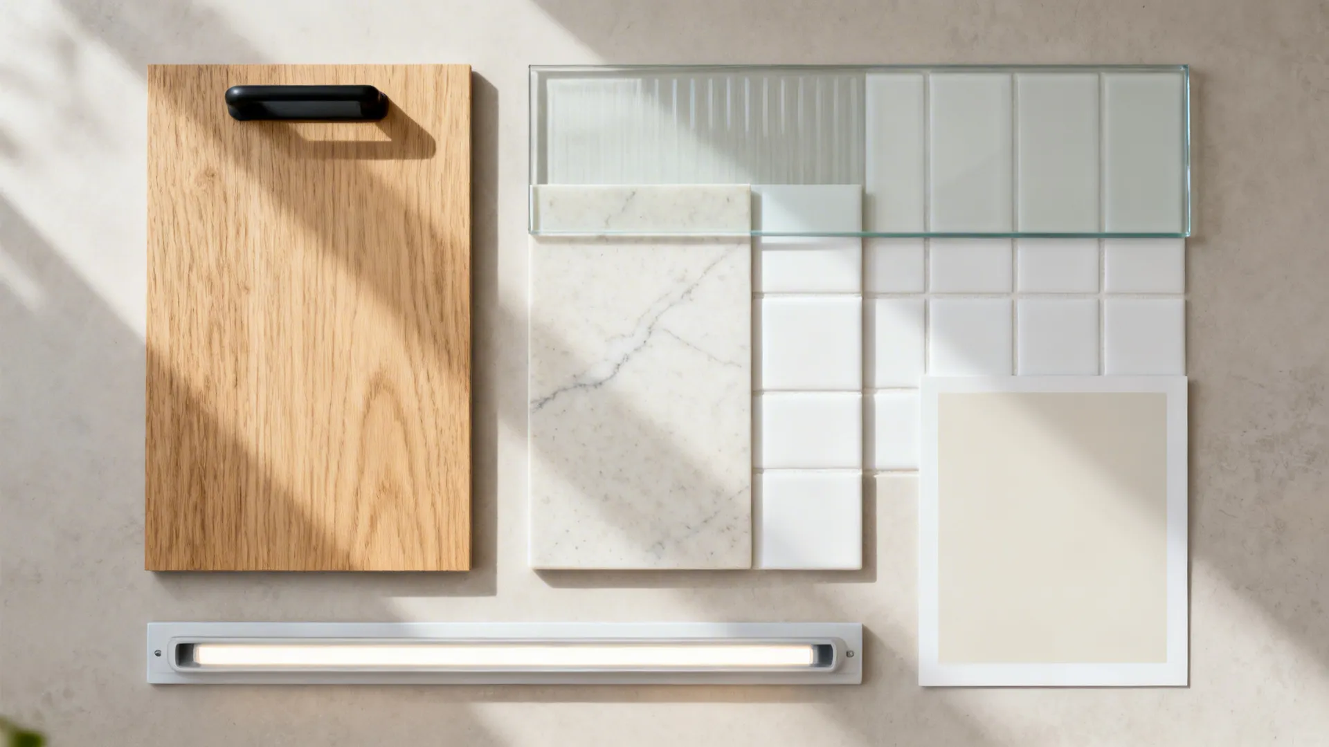 Flat lay of oak veneer, matte black hardware, glass backsplash, and pale quartz samples.