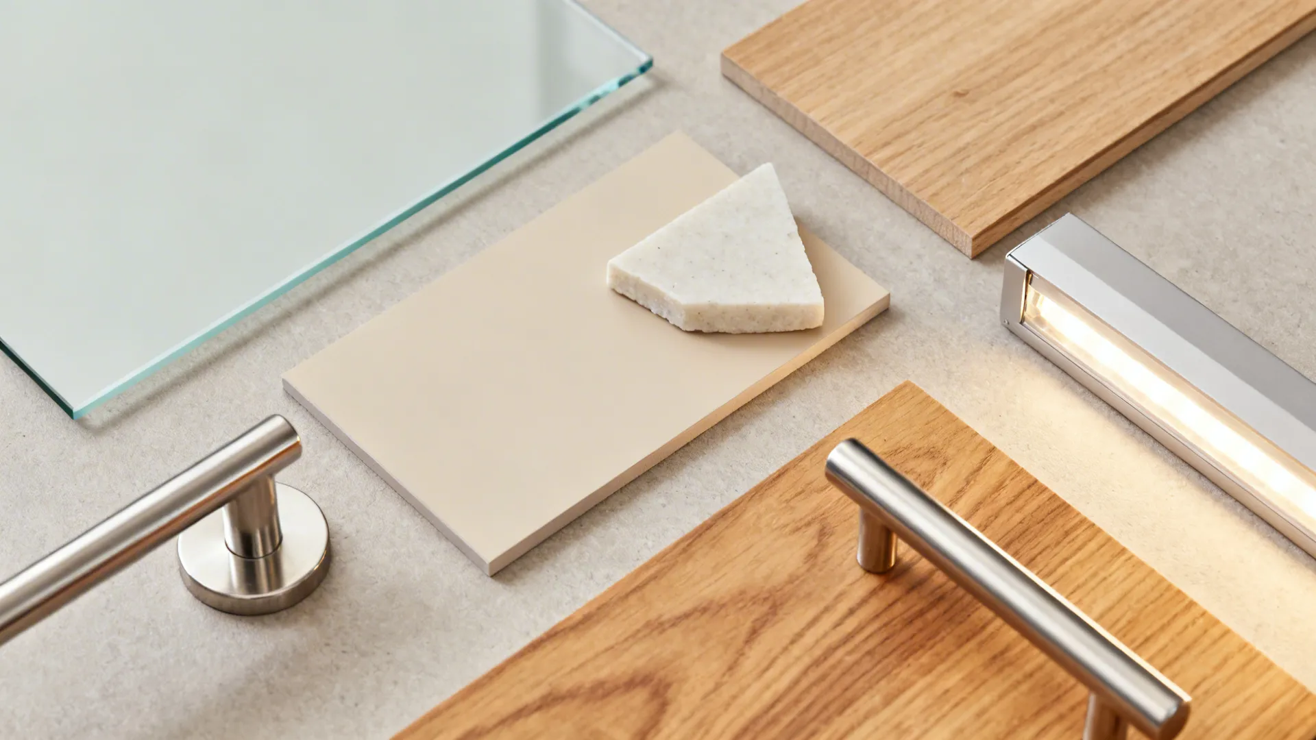 Top-down material flat lay with glass, matte laminate, oak, quartz, and LED strip.