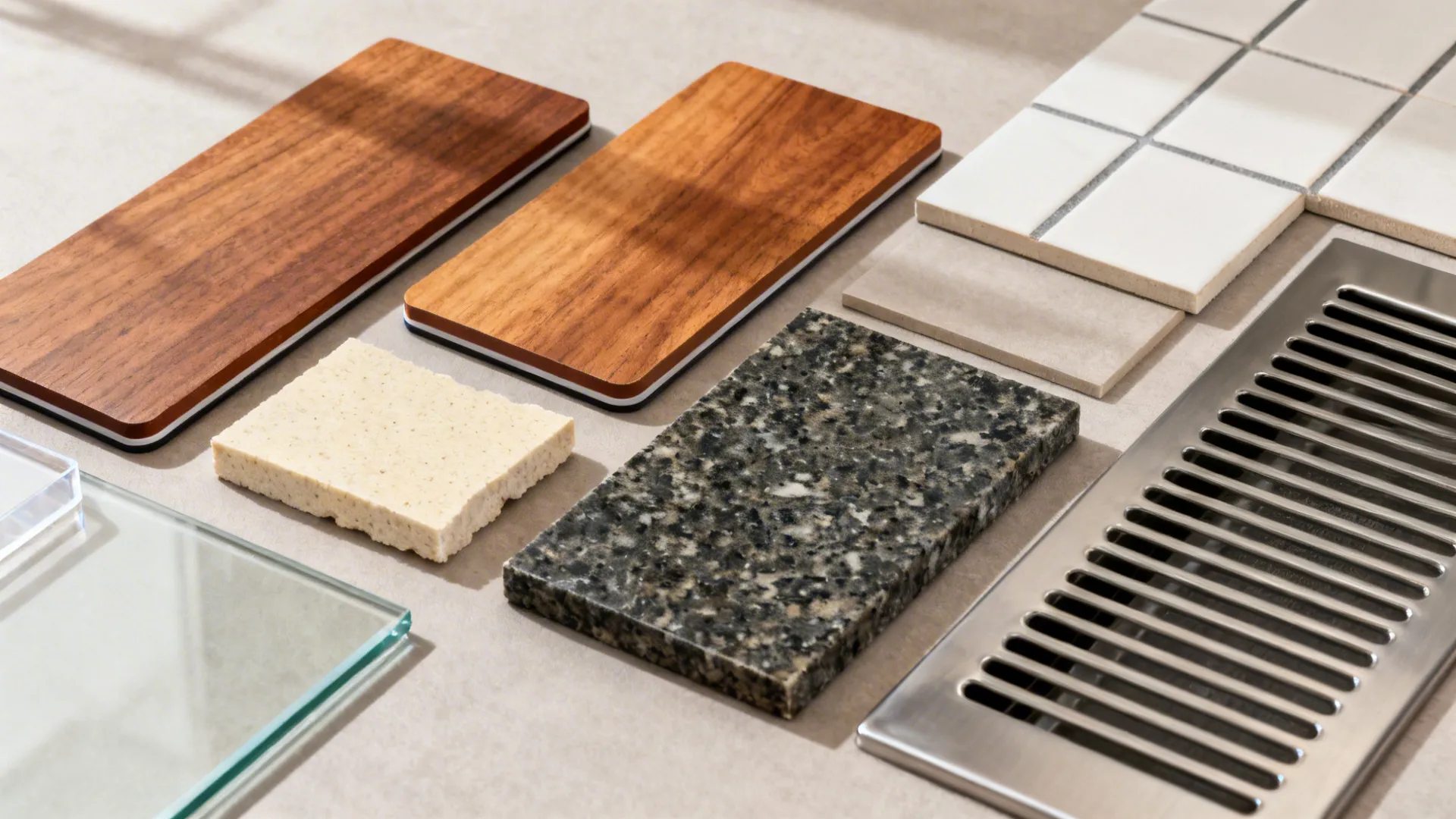 Flat lay of HPL, quartz, granite, tempered glass, and tile samples for heat and stain resistance.