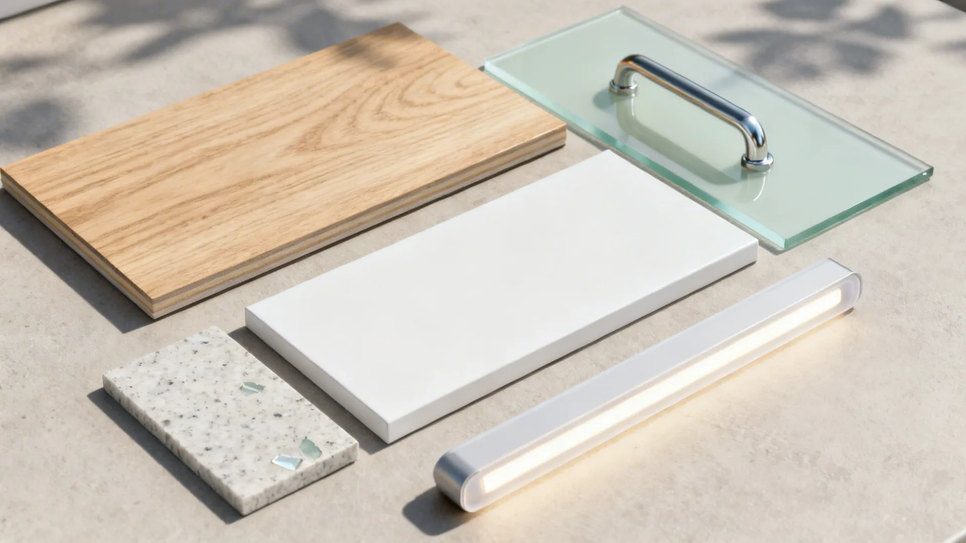 Flat lay of light oak, matte white, pale sage glass, quartz, and satin nickel hardware.