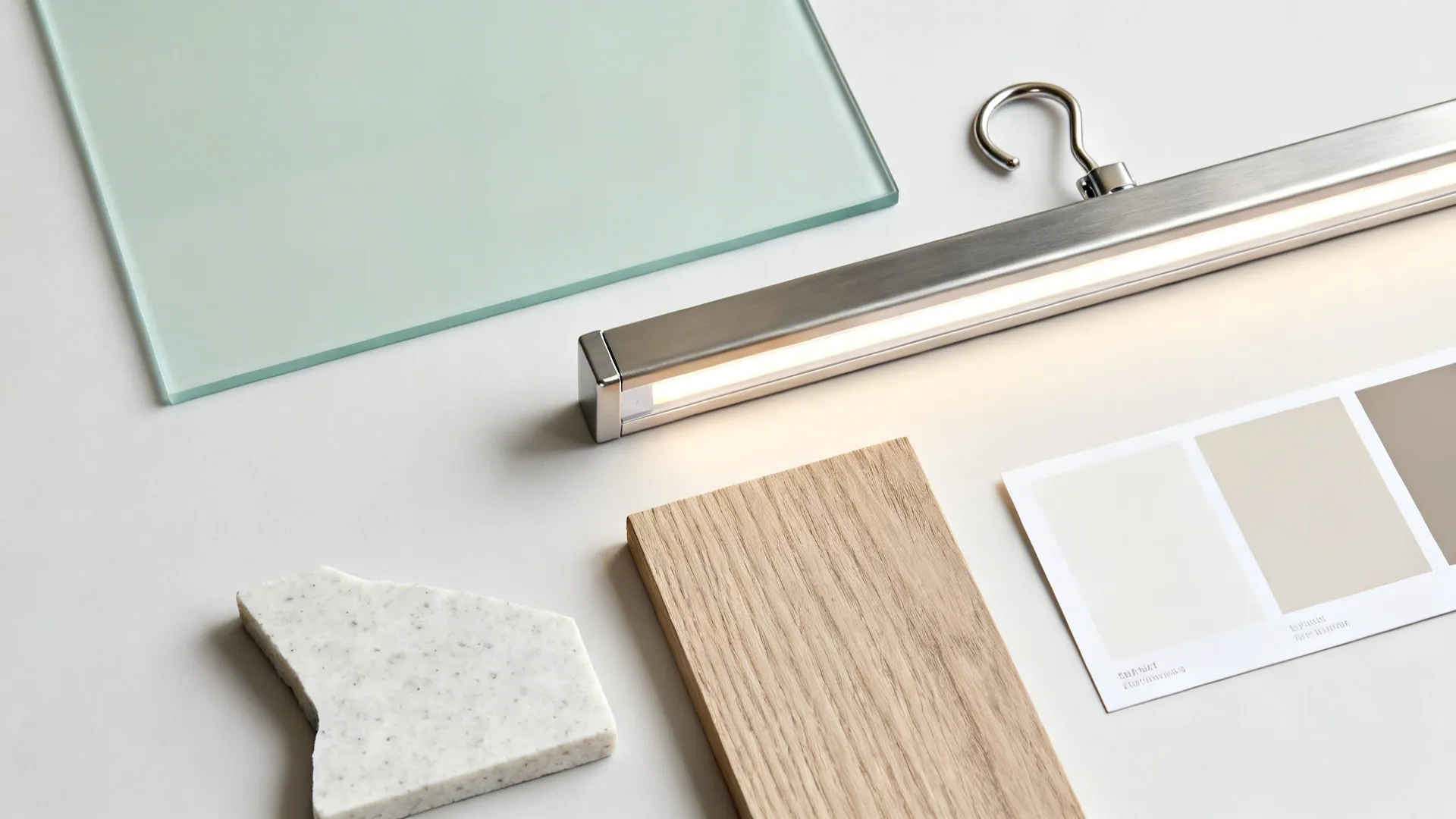 Flat lay of pale sage glass, light quartz, ash wood, stainless rail hardware, and LED diffuser.