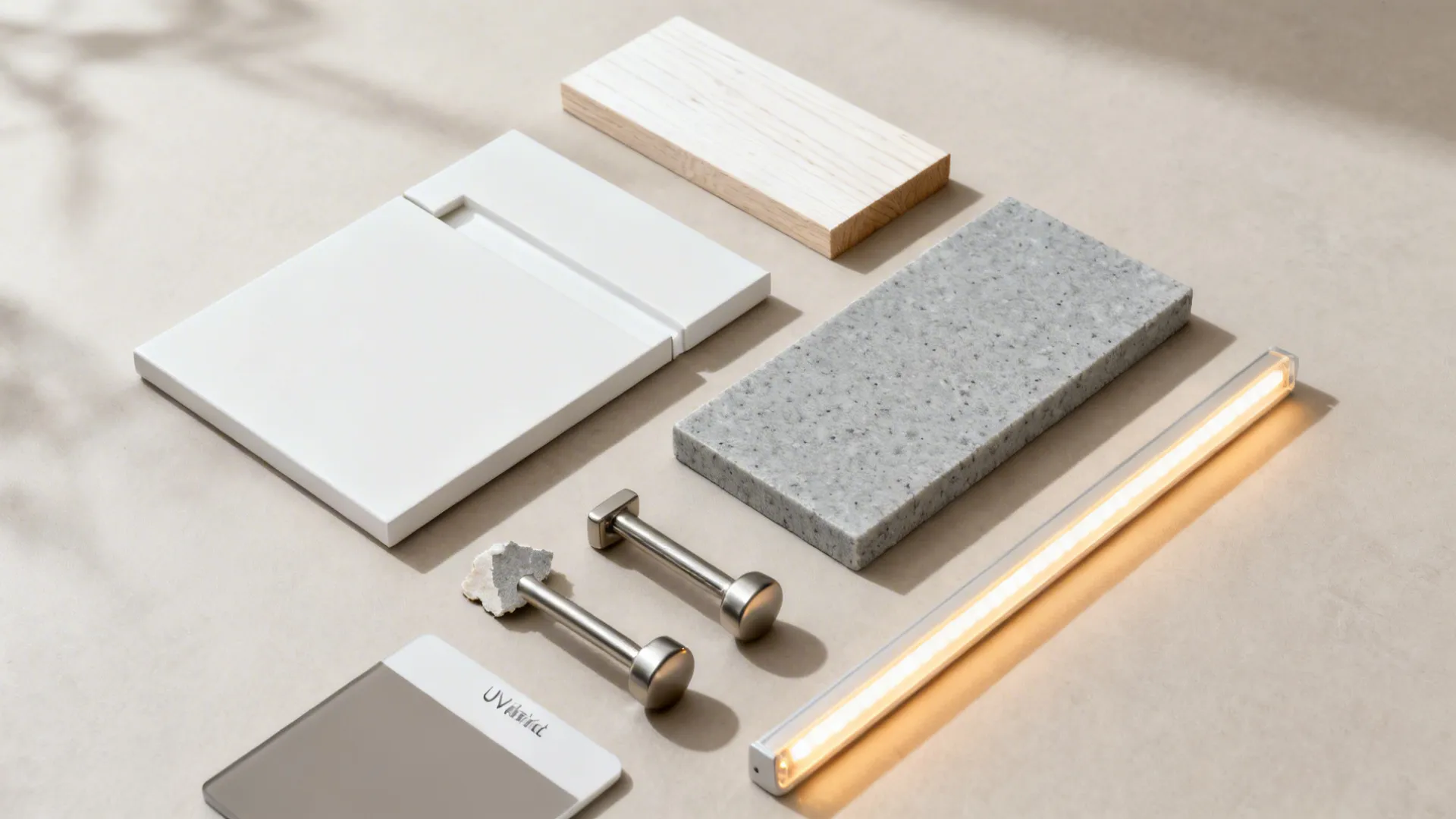 Flat-lay of matte white cabinet, oak veneer, gray quartz, and brushed hardware samples.