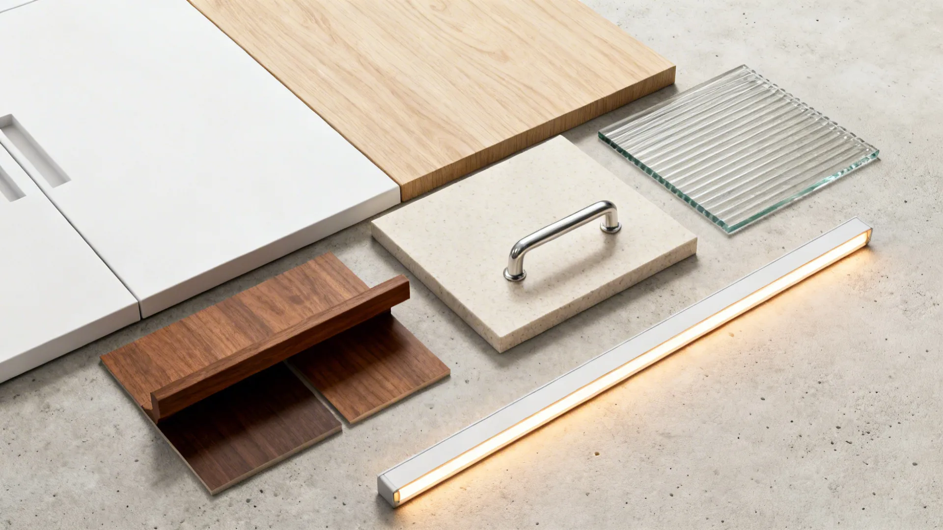 Material flat lay with matte white, oak, walnut, light quartz, ribbed glass, and hardware.