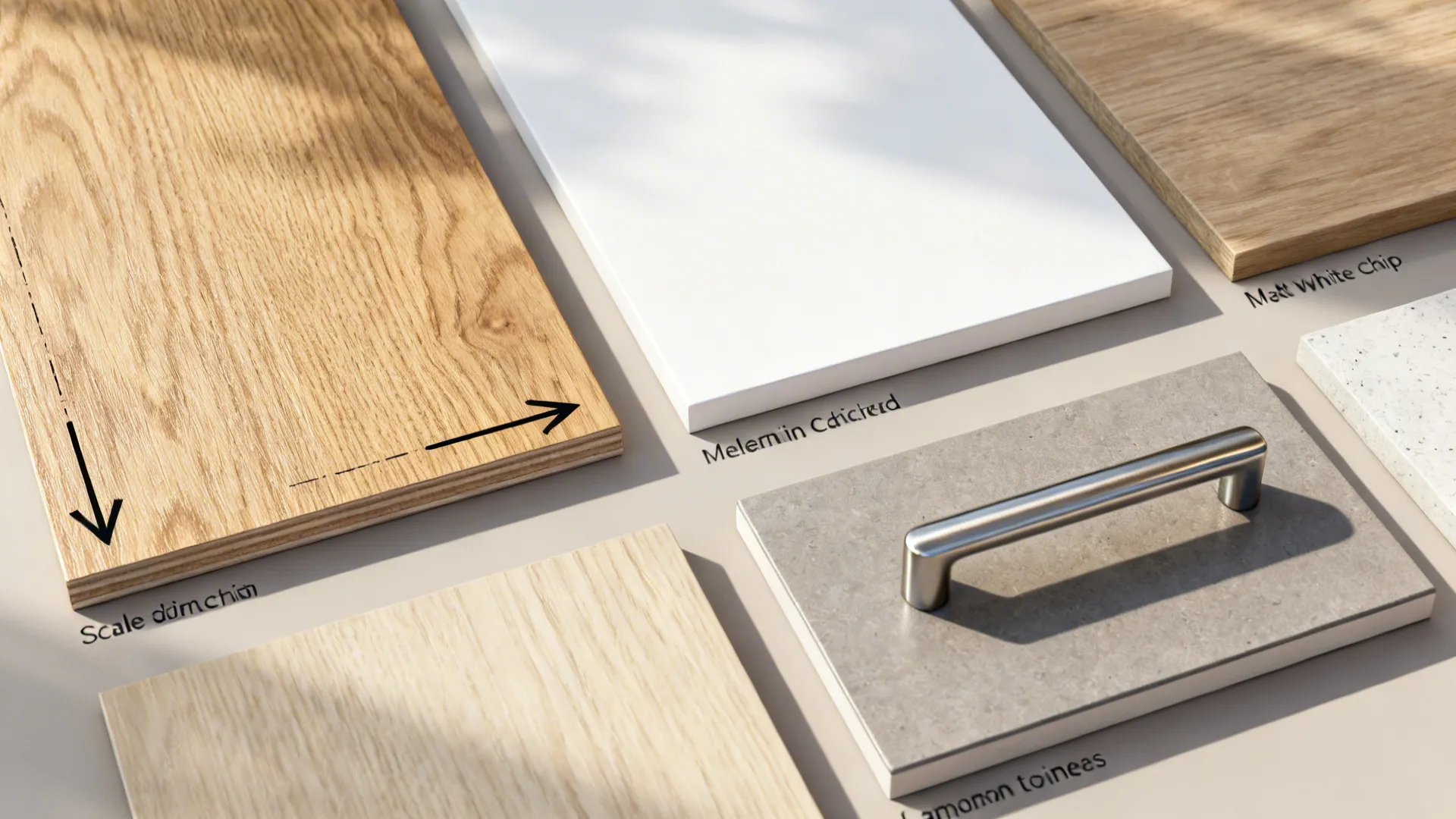 Flatlay of oak veneer, matte white fronts, carcass board, handle, and laminate countertop samples.
