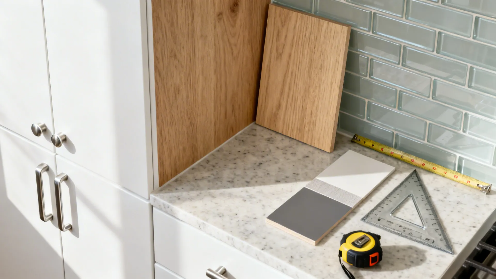 Flat lay of cabinet, wood, glass, quartz, and hardware samples with measuring tools.
