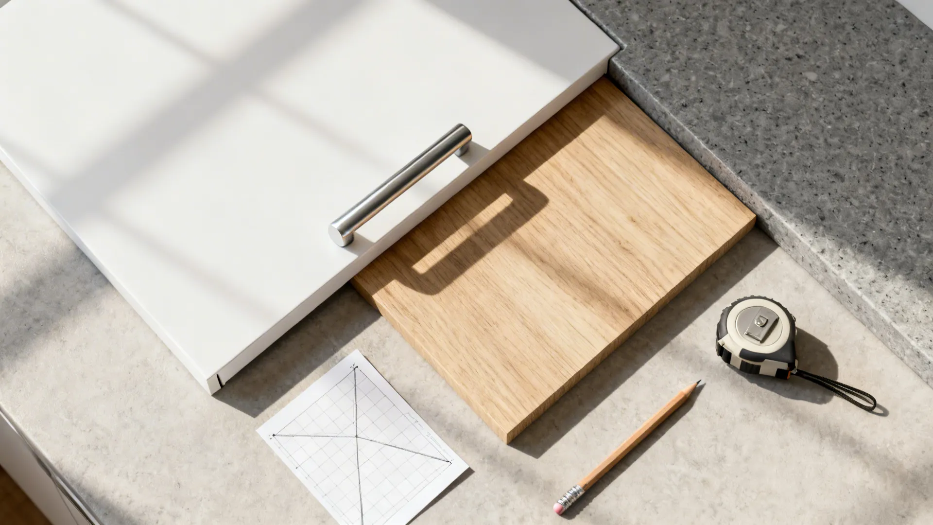 Flat lay of white and wood cabinet finishes, grey quartz, stainless handle, and a small CAD plan sheet.
