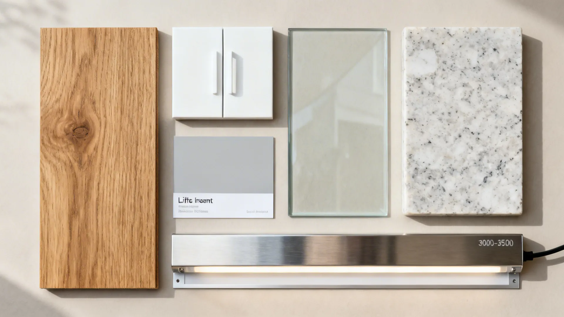 Material board with wood panel, white cabinet doors, grey sample, glass sheet, marble and light
