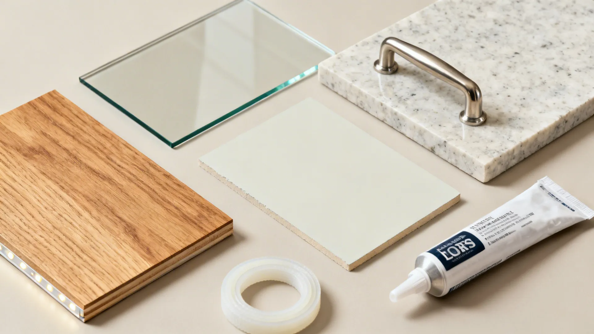 Flat lay of glass backsplash sample, oak veneer, light paint, and quartz countertop.