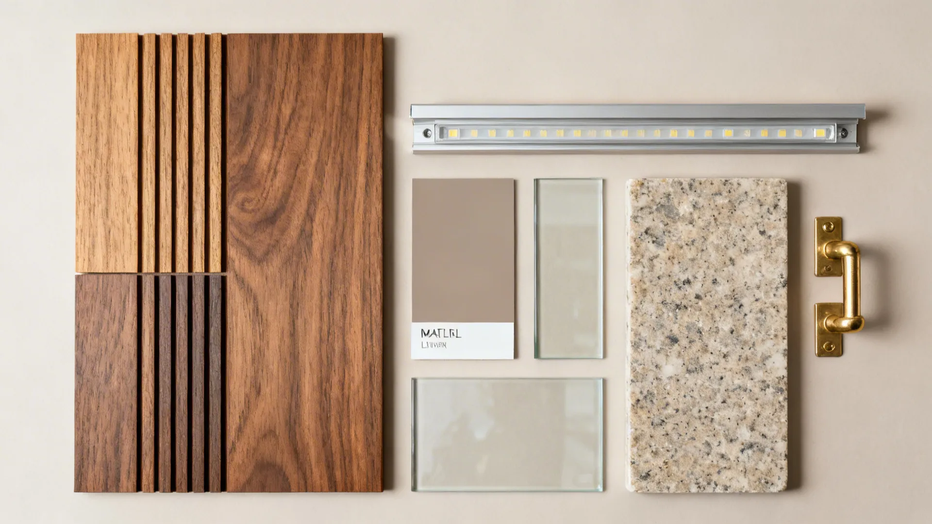 Collection of kitchen materials including wood panels glass marble stone brass handle and light fixture