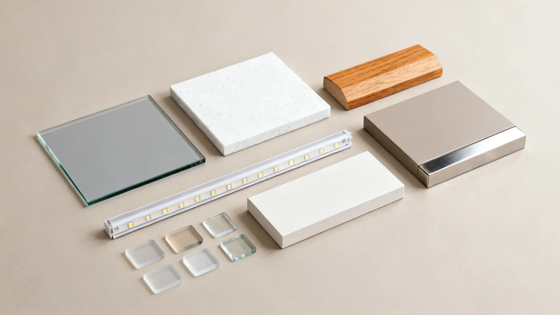 Flat lay of low-iron glass, quartz, oak edge, and LED strip samples in neutral tones.