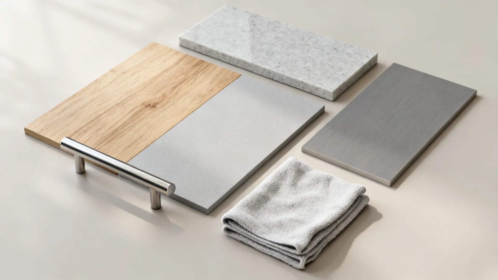 Flat lay of oak veneer, melamine interior, gray quartz, and matte laminate kitchen samples.