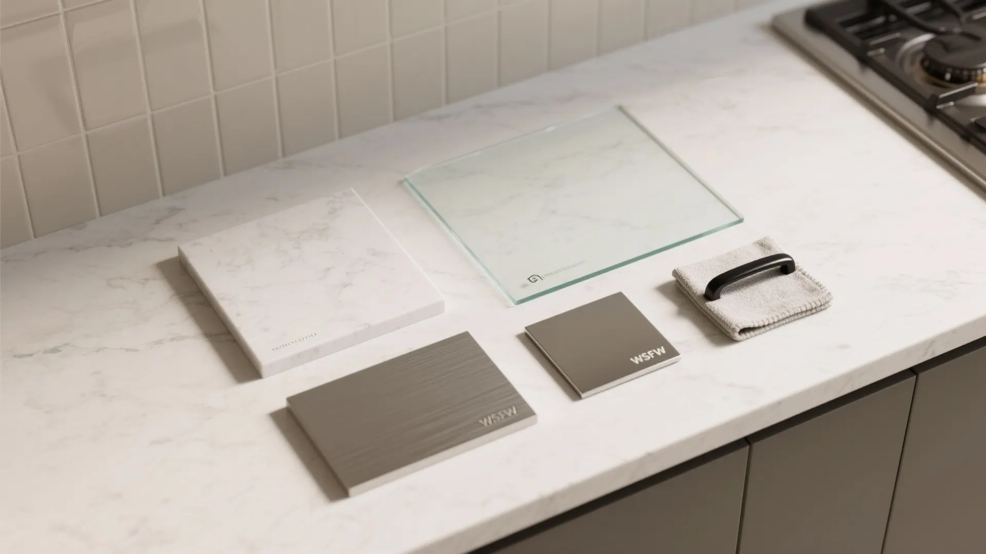 2) Semi-open kitchen with glass backsplash and light counters