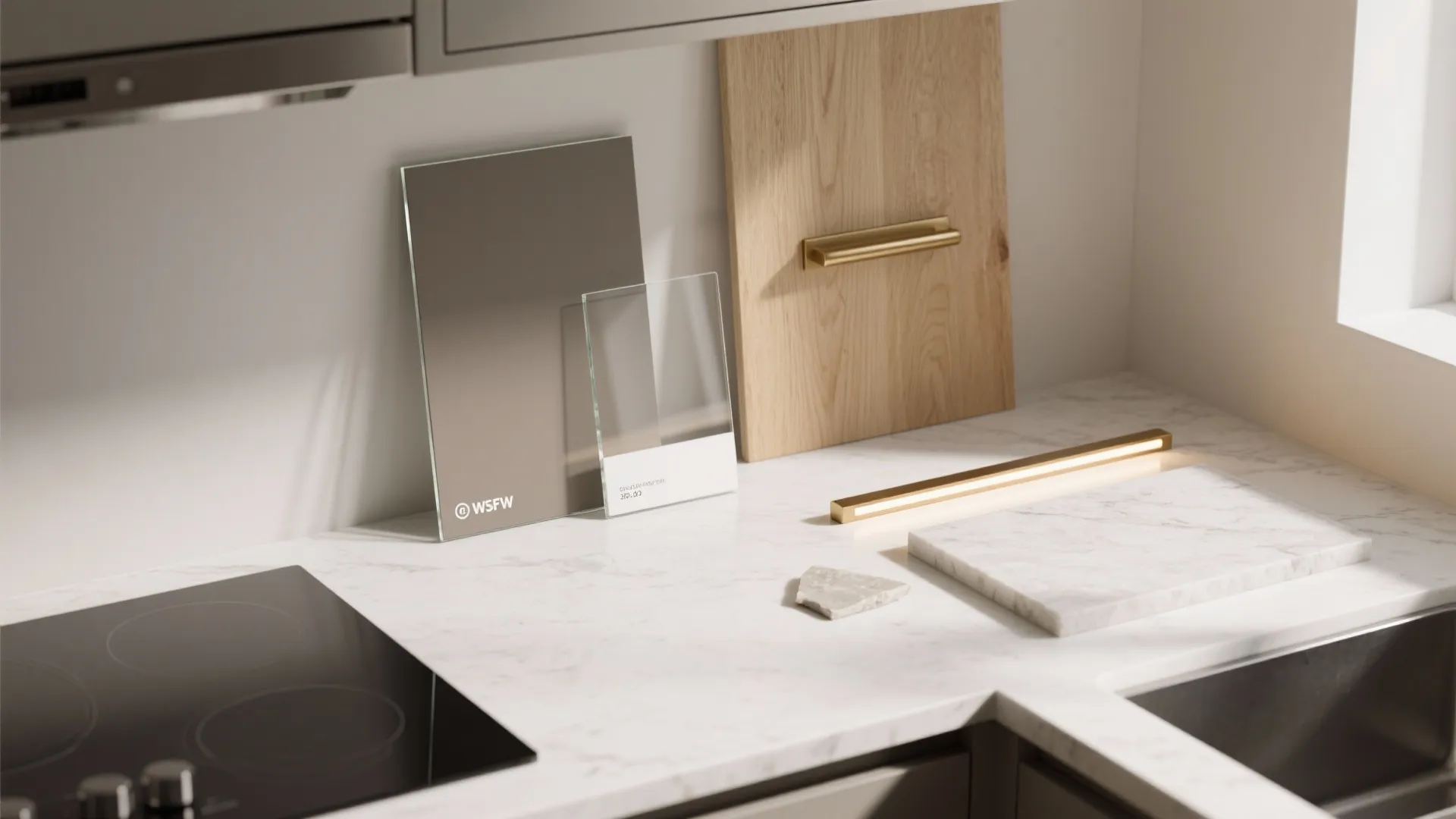 Flat lay of glass, matte cabinet finish, oak veneer, quartz, and brass hardware