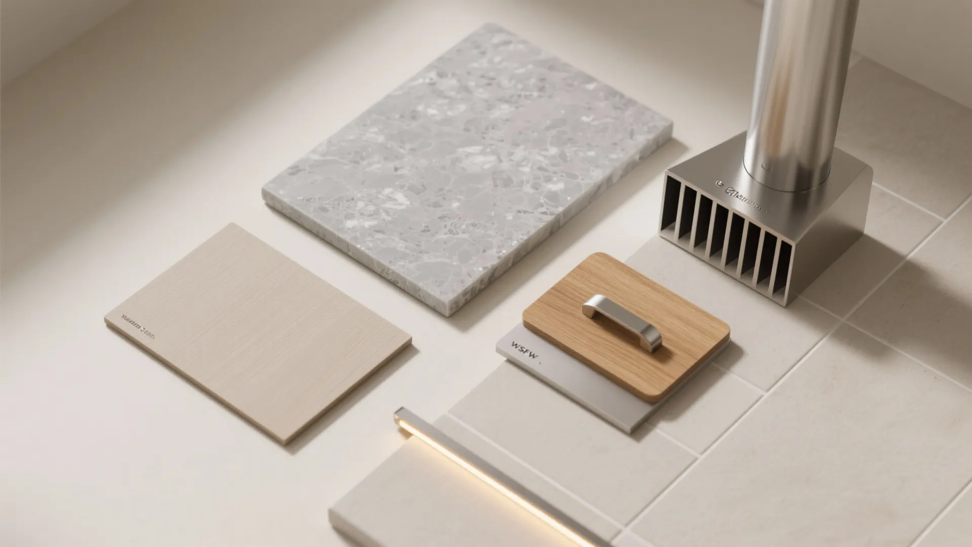 Kitchen material board with grey stone sample wood piece metal faucet and white floor tile samples