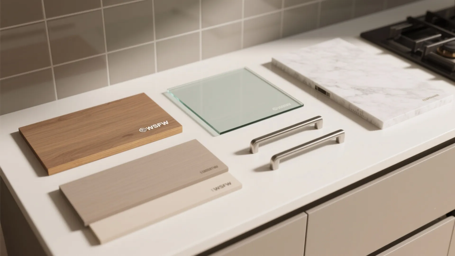Kitchen material samples including wood marble glass and metal handles displayed on a white countertop